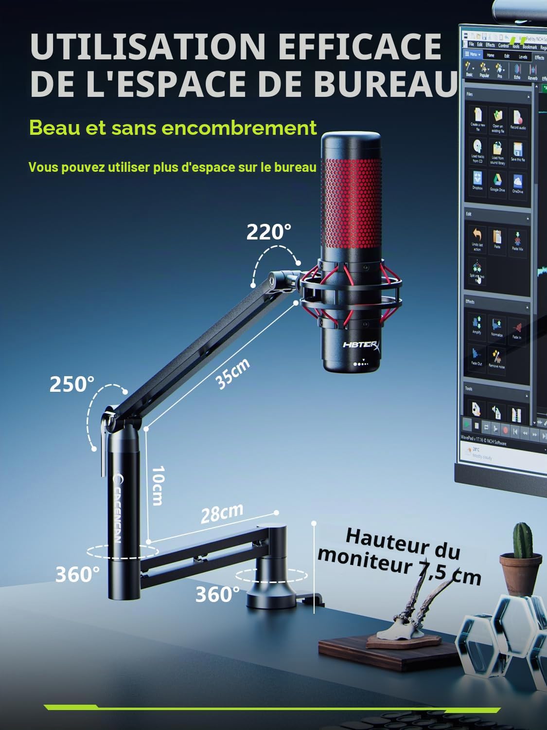 CACENCAN M05 Bras perche, support de microphone rotatif à 360° avec support de bureau, bras de micro de bureau pliable avec adaptateur à vis de 3/8" à 5/8", bras de microphone pour diffusion (Noir)