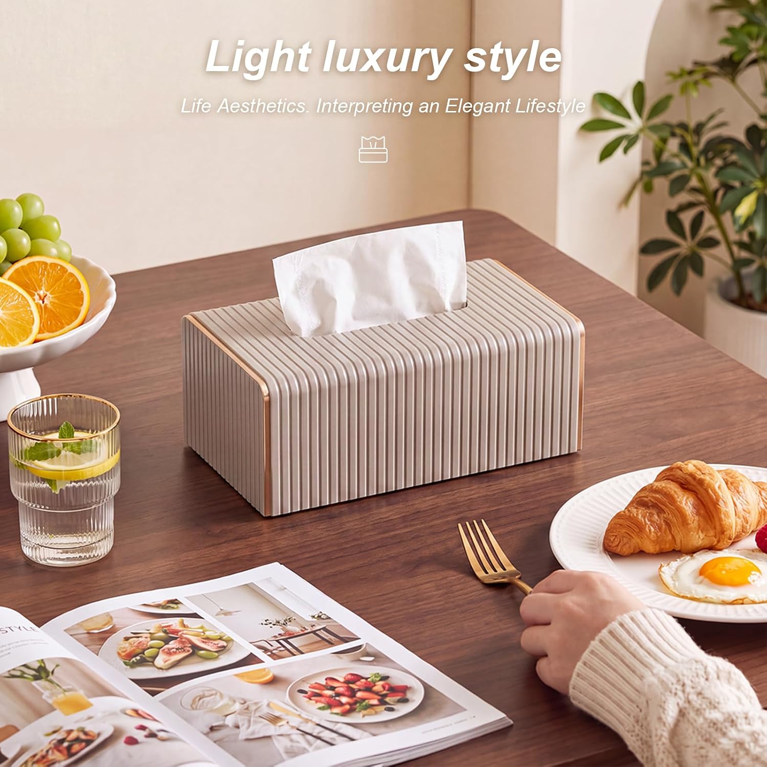 Extra Large Tissue Box Cover with Magnetic Closure, PU Leather Beige