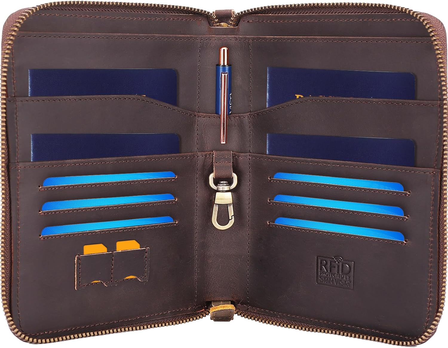 STAR VISTA Lorenzo Full Grain Leather Family Passport Wallet for 4, Large Travel Document Organizer for Exquisite Voyagers, Multi-Currency Compartments, RFID Blocking, AirTag Track, Dark Brown