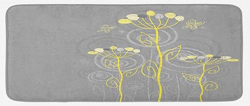 Ambesonne Tapete de cocina gris y amarillo, fondo abstracto de remolinos inspirados en bajo el mar, tapete de cocina decorativo de felpa con