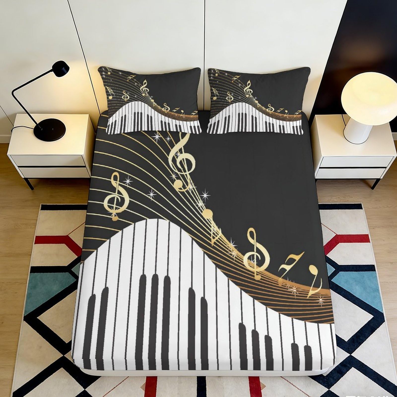 3D Printed Piano Keyboard Fitted Sheet Microfiber Black Gold Music Note Mattress Cover Bedroom Decor 160x200x25cm