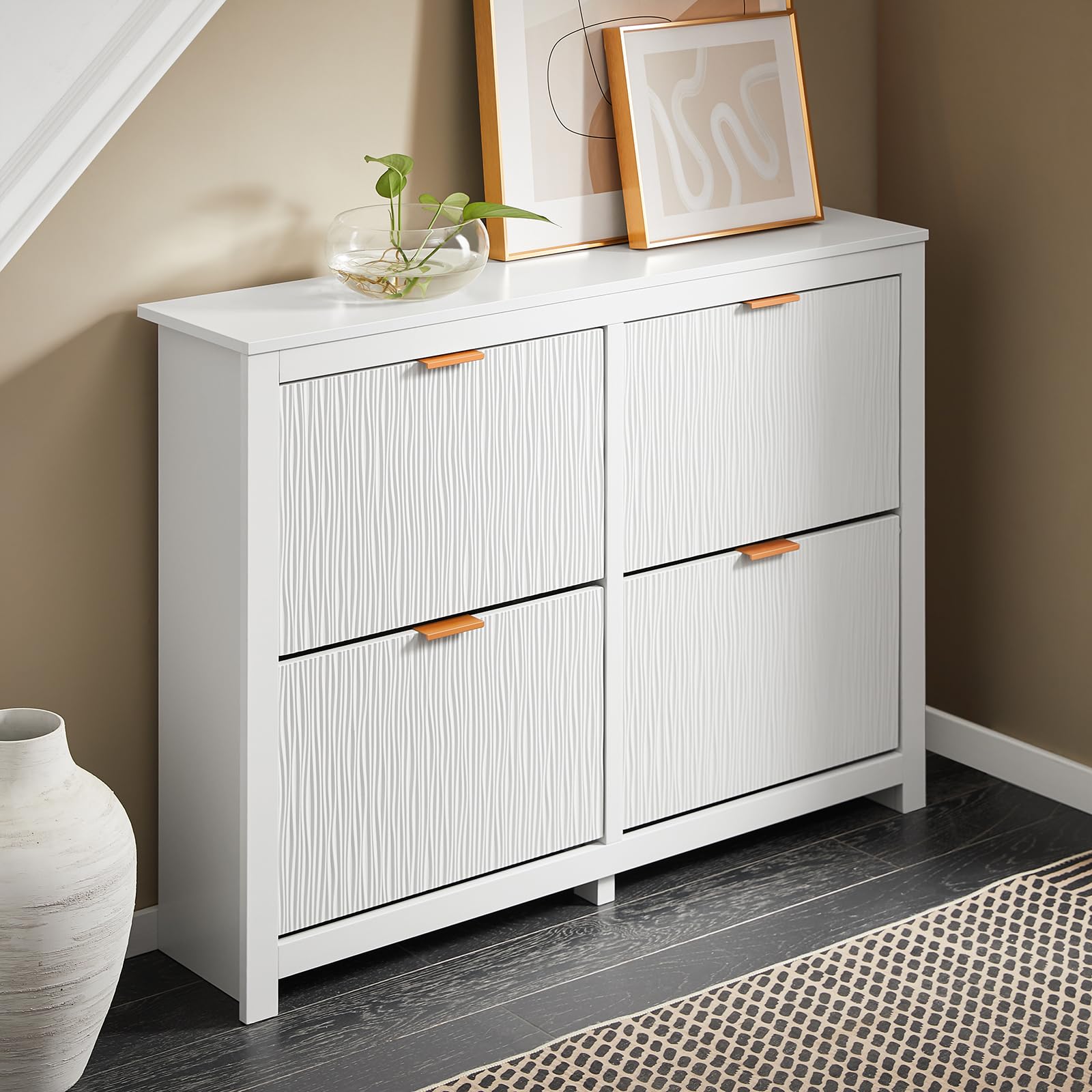 SoBuy Zapatero Entrada Recibidor - Mueble Zapatero Estrecho Blanco 4 Solapas de 2 Niveles para Pasillo Estrecho y Recibidor, Diseño Compacto y Elegante, MDF E1 104x23x82cm FSR186-II-W