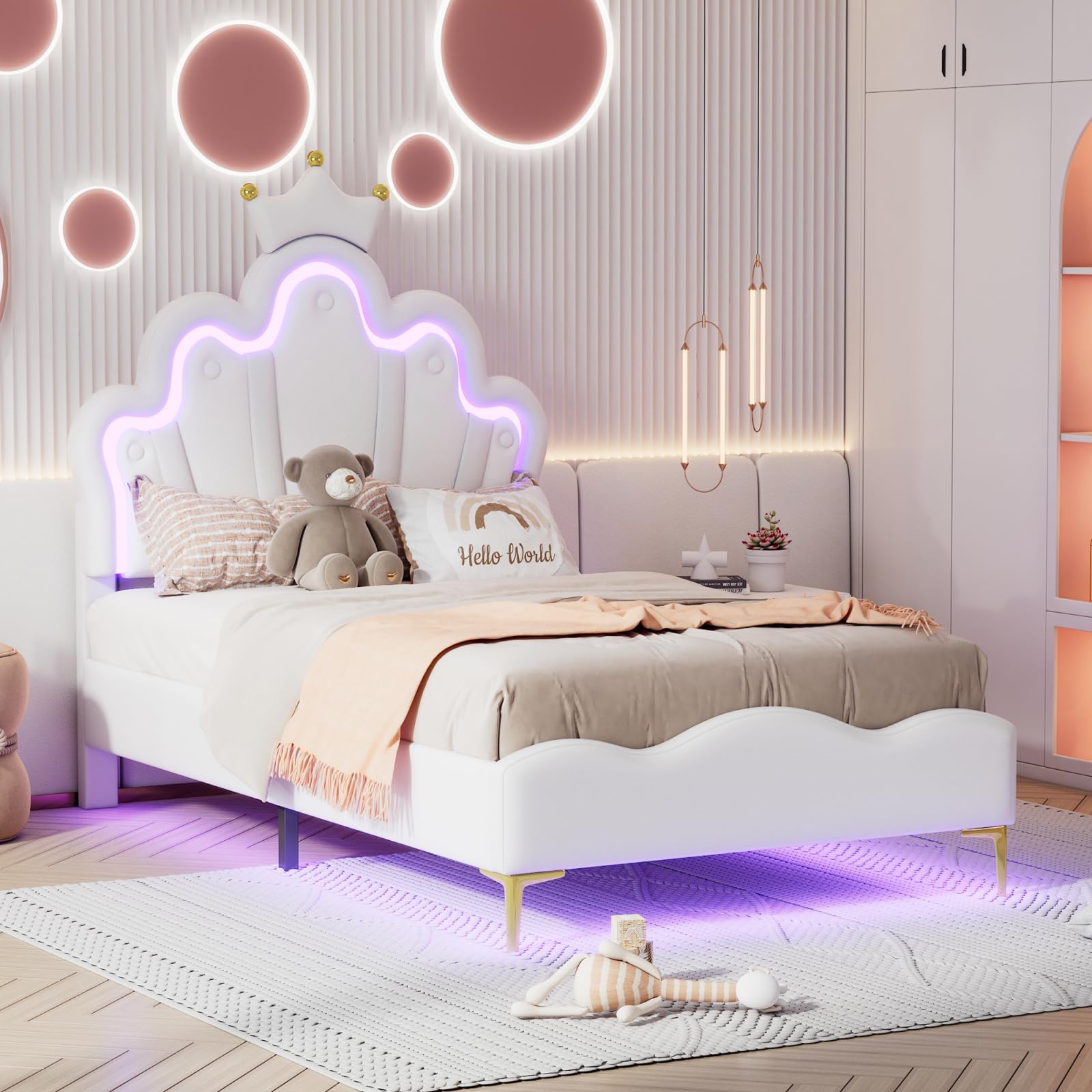 Lettino imbottito per bambini, 90 x 200 cm, con testa a LED e testiera regolabile, a forma di corona, letto singolo, per ragazzi, con rete a doghe (bianco D, 90 x 200 cm)