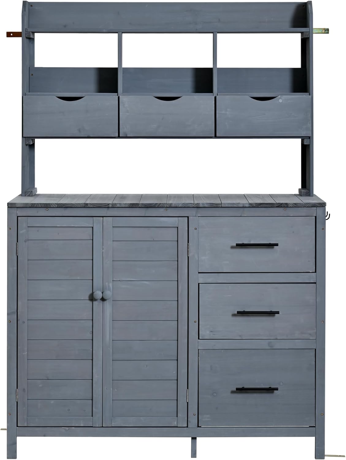 Farmhouse Patio Potting Bench with Storage Cabinet, 65" H Garden Workstation with 6 Drawers and Side Hooks, Outdoor Kitchen Island with Adjustable Shelf for Patio, Backyard, Gray