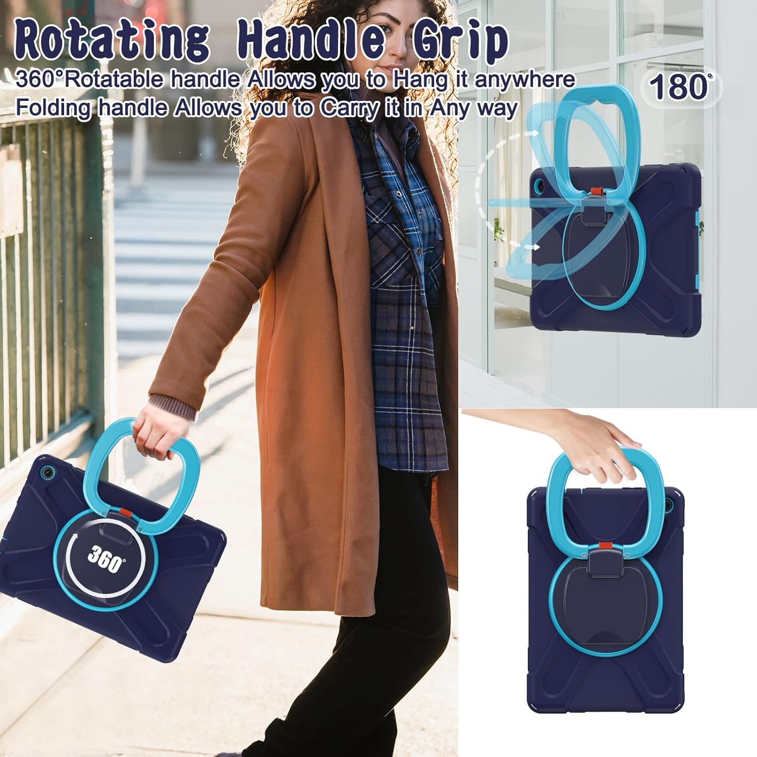 All-New Fire HD 10 & Fire HD 10 Kids Pro Tablet Case (13th Gen, 2023 Release),Heavy Sturdy Shockproof Kids Case,Rotating Stand/Carrying Strap (Navy Blue+Blue)