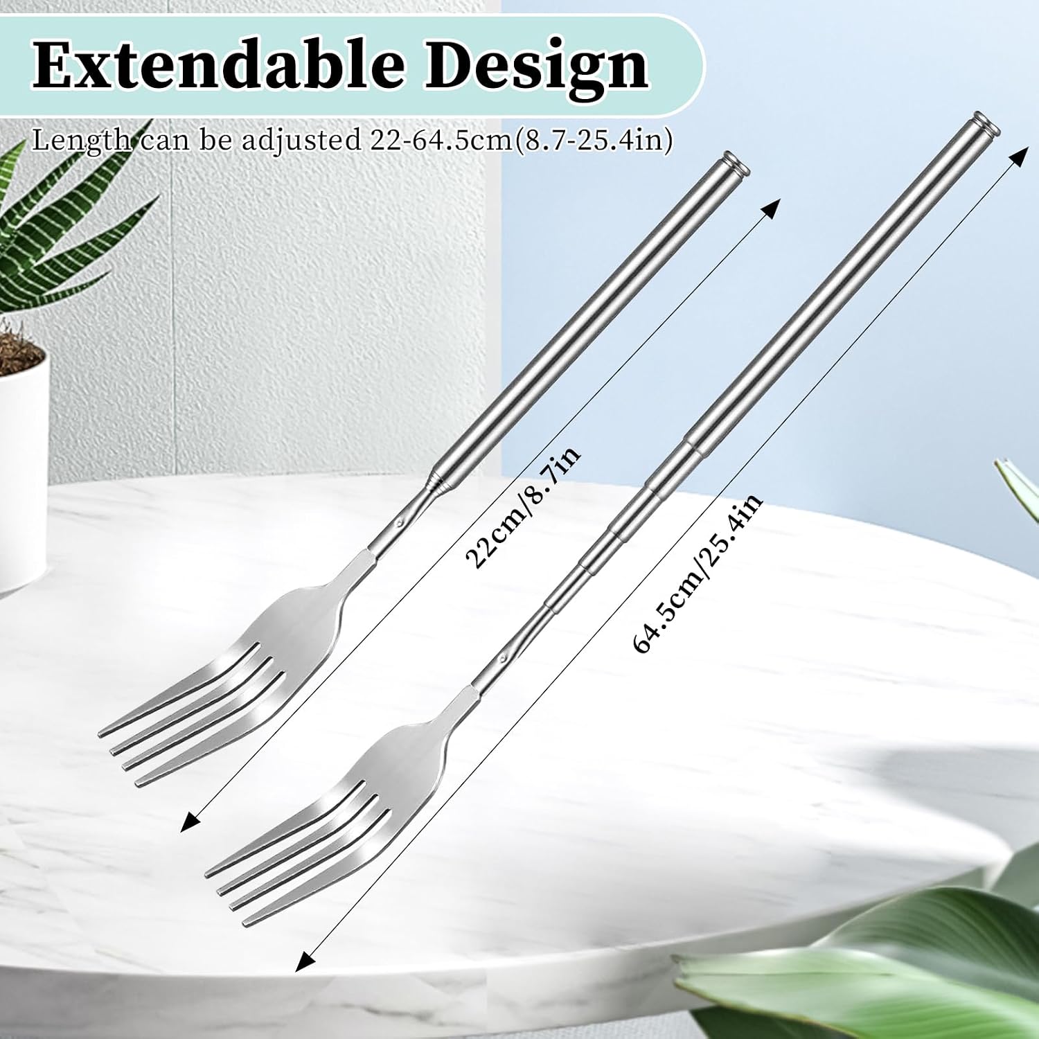 ZWIN Extendable Fork 8.7-25.4 Inch Stainless Steel Telescopic Extension Extended Fork Long Prank Dinner BBQ Fruit Dessert