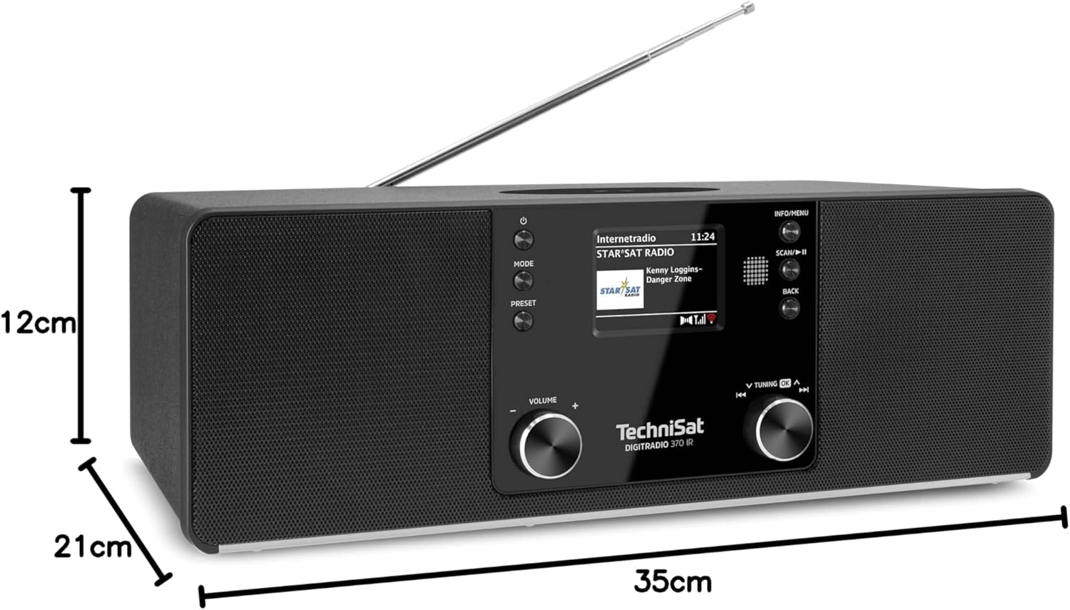 Dimensions of the TechniSat DIGITRADIO 370 IR: 35cm length, 12cm height, 21cm depth.