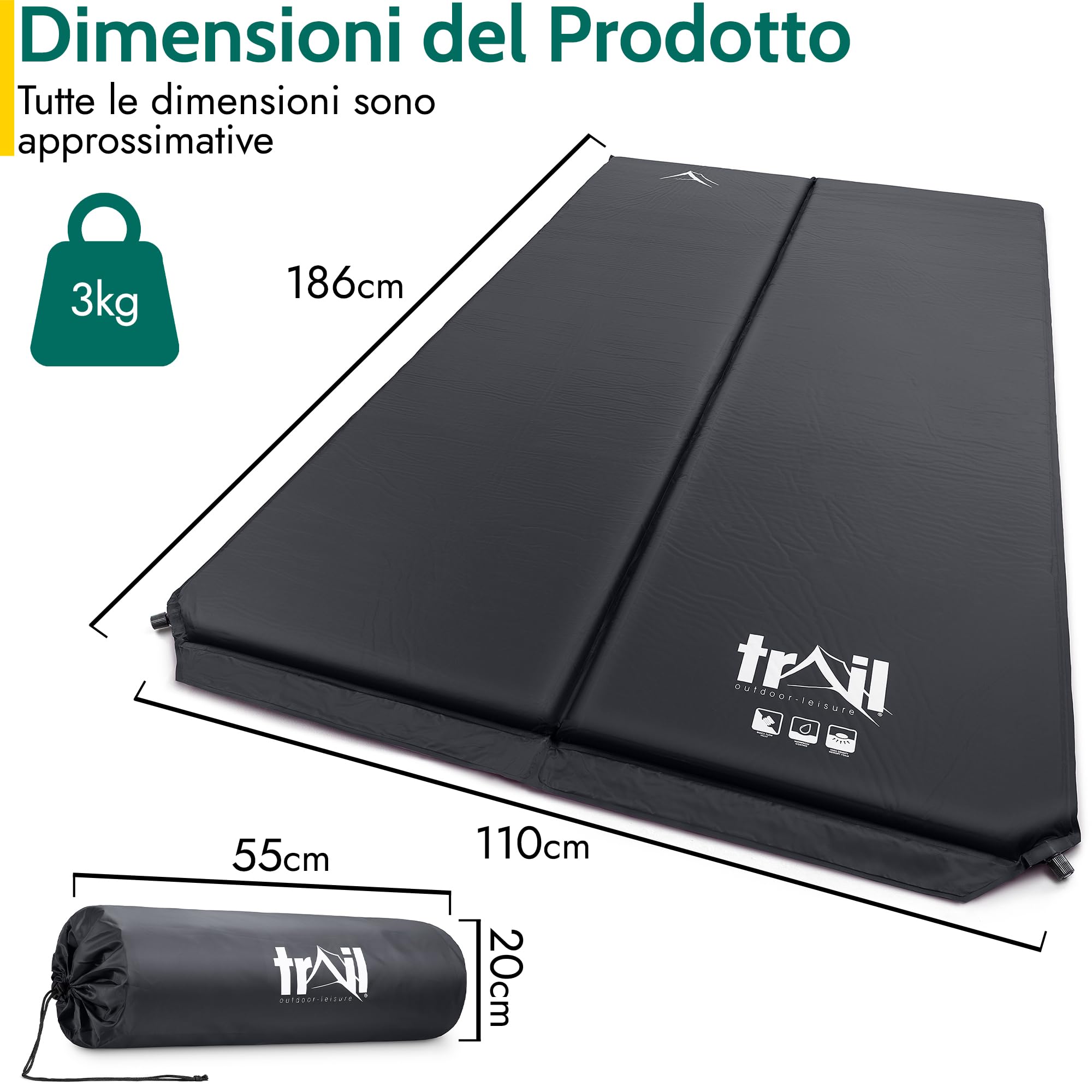 Trail Materassino Gonfiabile da Campeggio Doppio, Materassino Autogonfiante in Memory Foam da 5 cm di Spessore, Materassino da Campeggio Leggero e con Borsa per il Trasporto