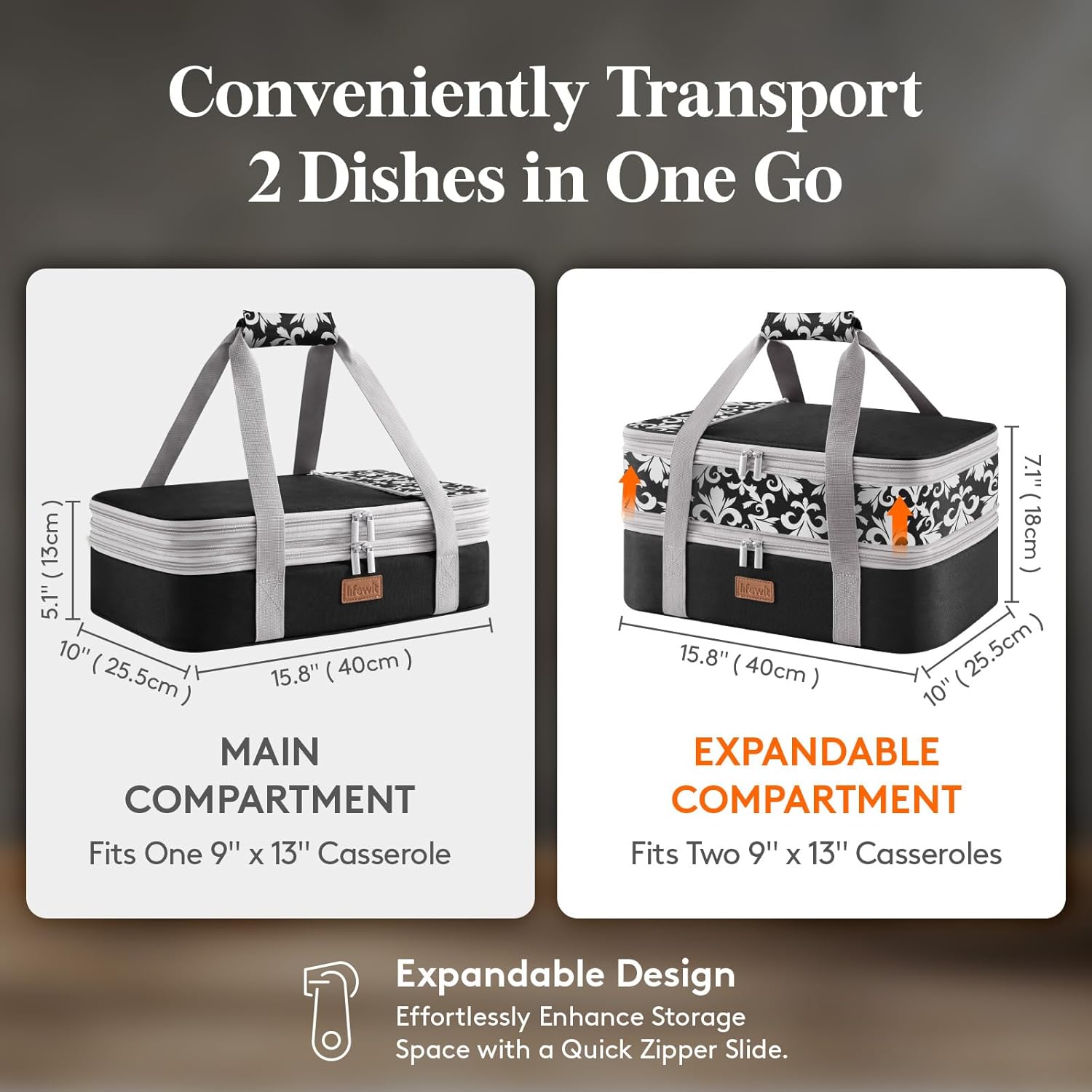 Lifewit Insulated Double Decker Casserole Carrier, Expandable Lasagna Lugger Tote Bag for Hot or Cold Food, Fits 9" x 13" Baking Dish for Potluck Parties, Picnic and Cookouts, Black-Flowers - Image 2