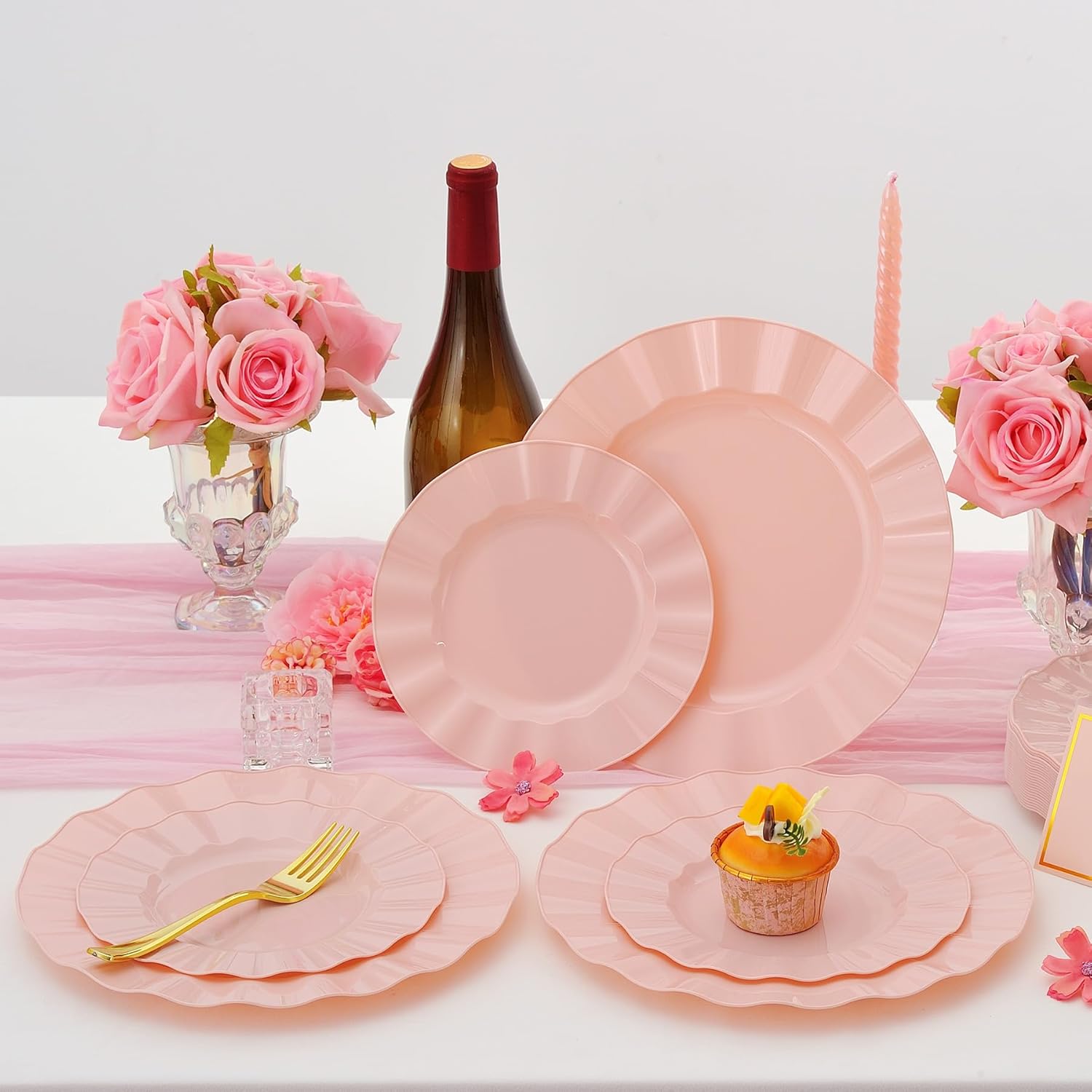 60Pcs Premium Pink Plates Disposable, Fancy Plastic Disposable Plate, Elegant Wedding Plates Set include 30 Dinner & 30 Dessert Plates for Easter Spring Party(30Guests)
