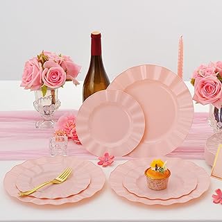 60Pcs Premium Pink Plastic Plates, Fancy Nice Disposable Plate, Elegant Wedding Plates Set include 30 10" Dinner & 30 7" Dessert Plates for Thanksgiving &Christmas（30Guests