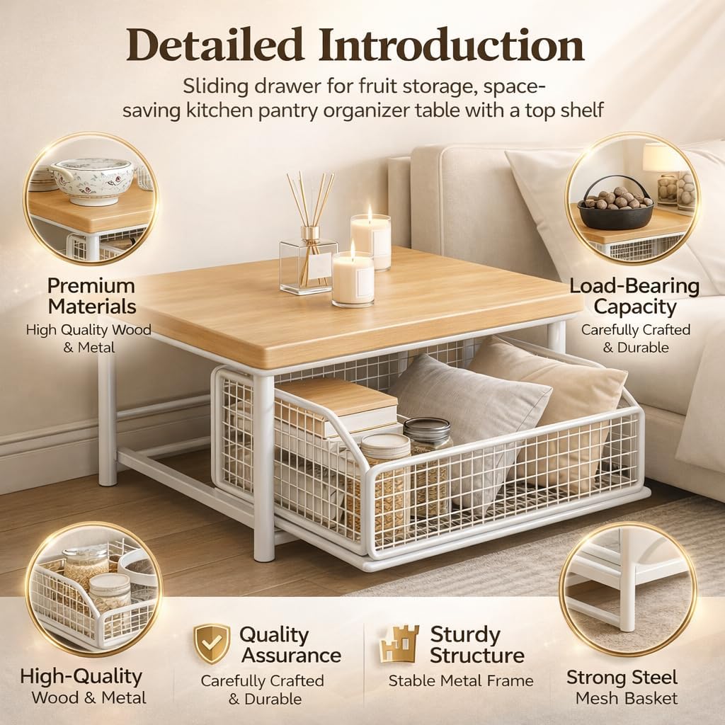 Kitchen Countertop Organizer with Drawer & Wire Basket, 2-Tier Hardwood Shelf for Coffee Maker, Toaster or Compact Microwave, Space-Saving Coffee Bar Storage Rack (Natural wood color + black)