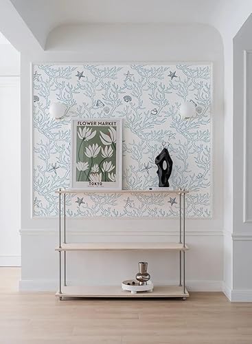 Miniatura 5 de Papel tapiz adhesivo blanco y azul claro para despegar y pegar, papel tapiz de coral, conchas y estrellas de mar, papel de contacto extraíble para