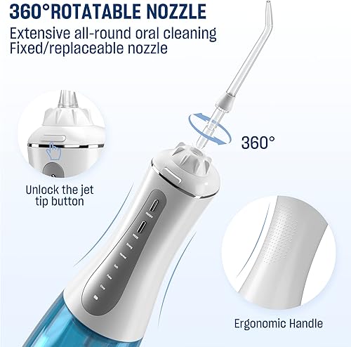 Miniatura 6 de Irrigador dental de agua inalámbrico para dientes – Irrigador oral portátil y recargable de 11.8 fl oz con 5 modos, 6 puntas reemplazables – IPX7