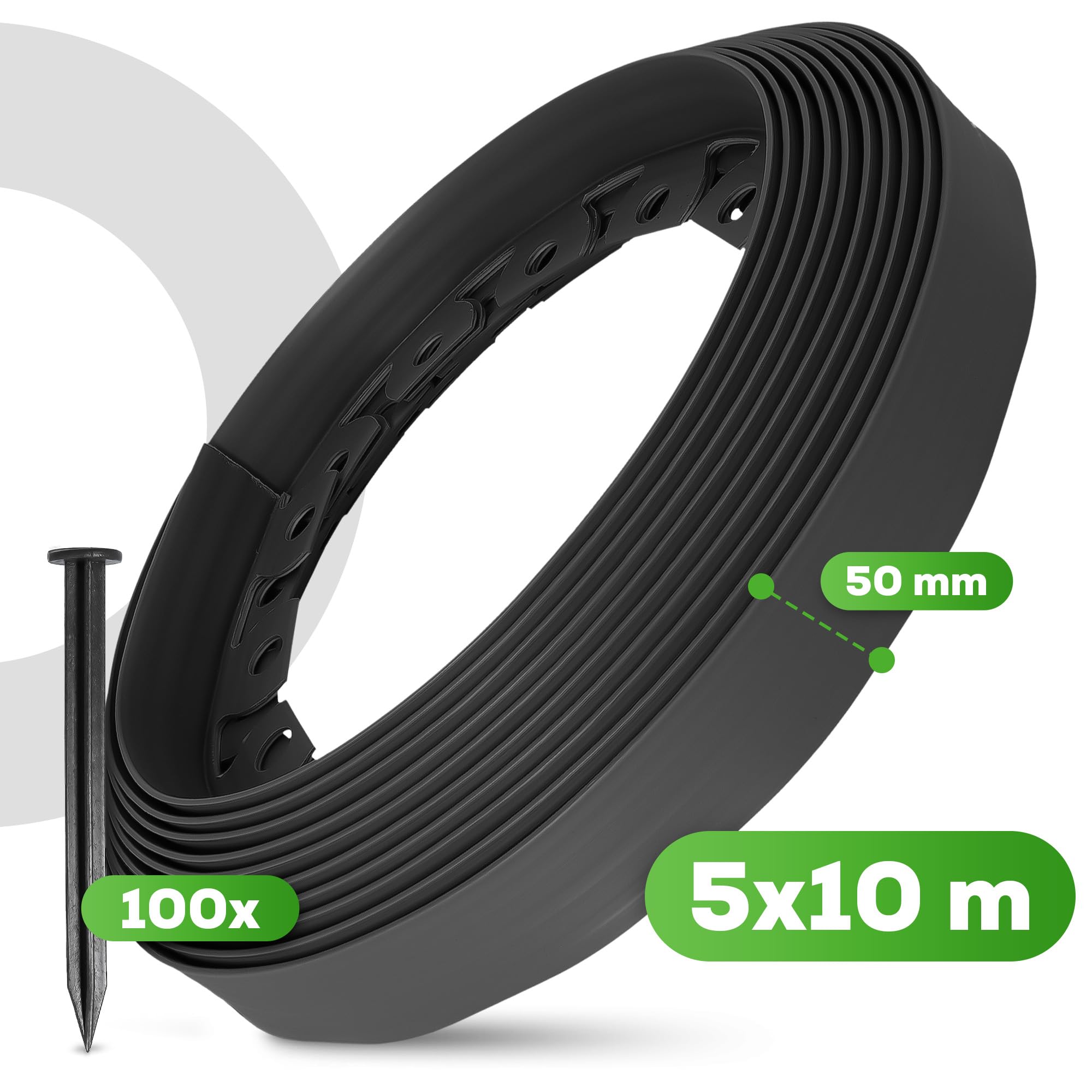 Instalguru Borde Césped Jardín 50 m 50 mm Delimitador Flexible Palisada 100x Estacas Anclaje Suelo Clavos Fijación 18 cm Negro Separador Macizo Sendero