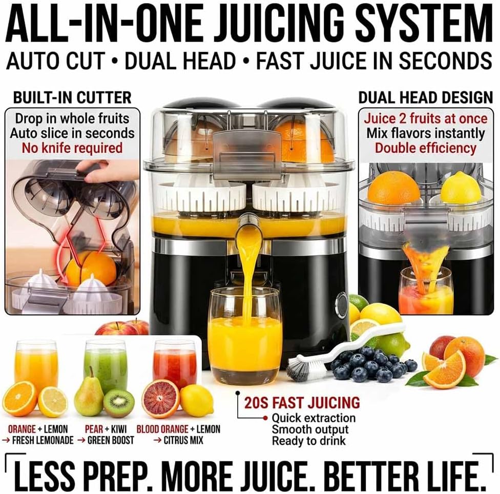 2026 Upgrade Dual-Head Automatic Citrus Juicer with Cleaning Brush - Detachable for Easy Cleaning, One-Touch Juicing, Efficient Pulp Separation, 2-Speed Control, for Orange, Lemon, Lime (Black)