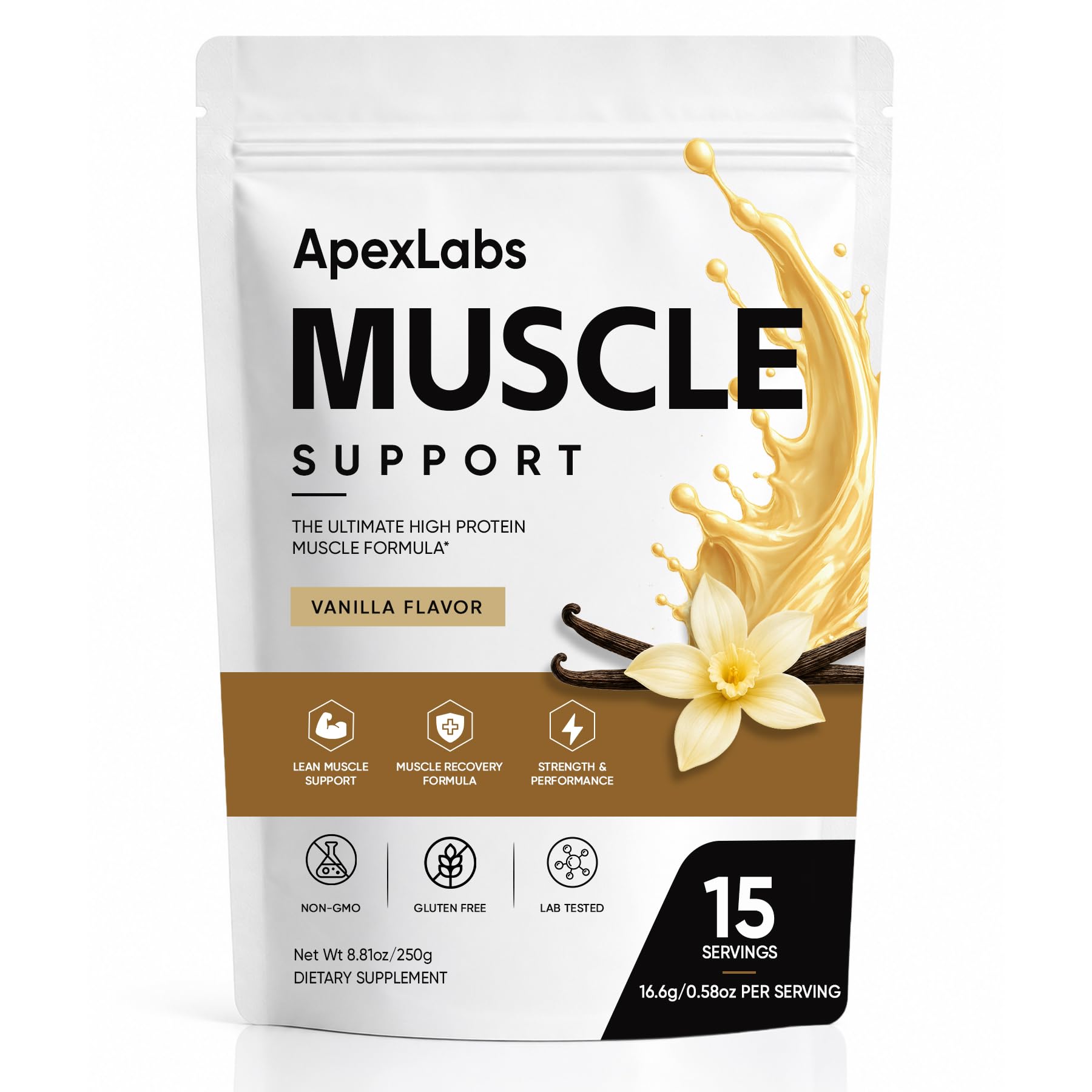 Muscle Support Protein Powder, Vanilla Flavor, High Protein Formula with Whey Protein Hydrolysate, L-Leucine, HMB, B12, Chromium & Rosemary Extract, 8.81 oz 15 Servings 1 VANILLA FLAVOR