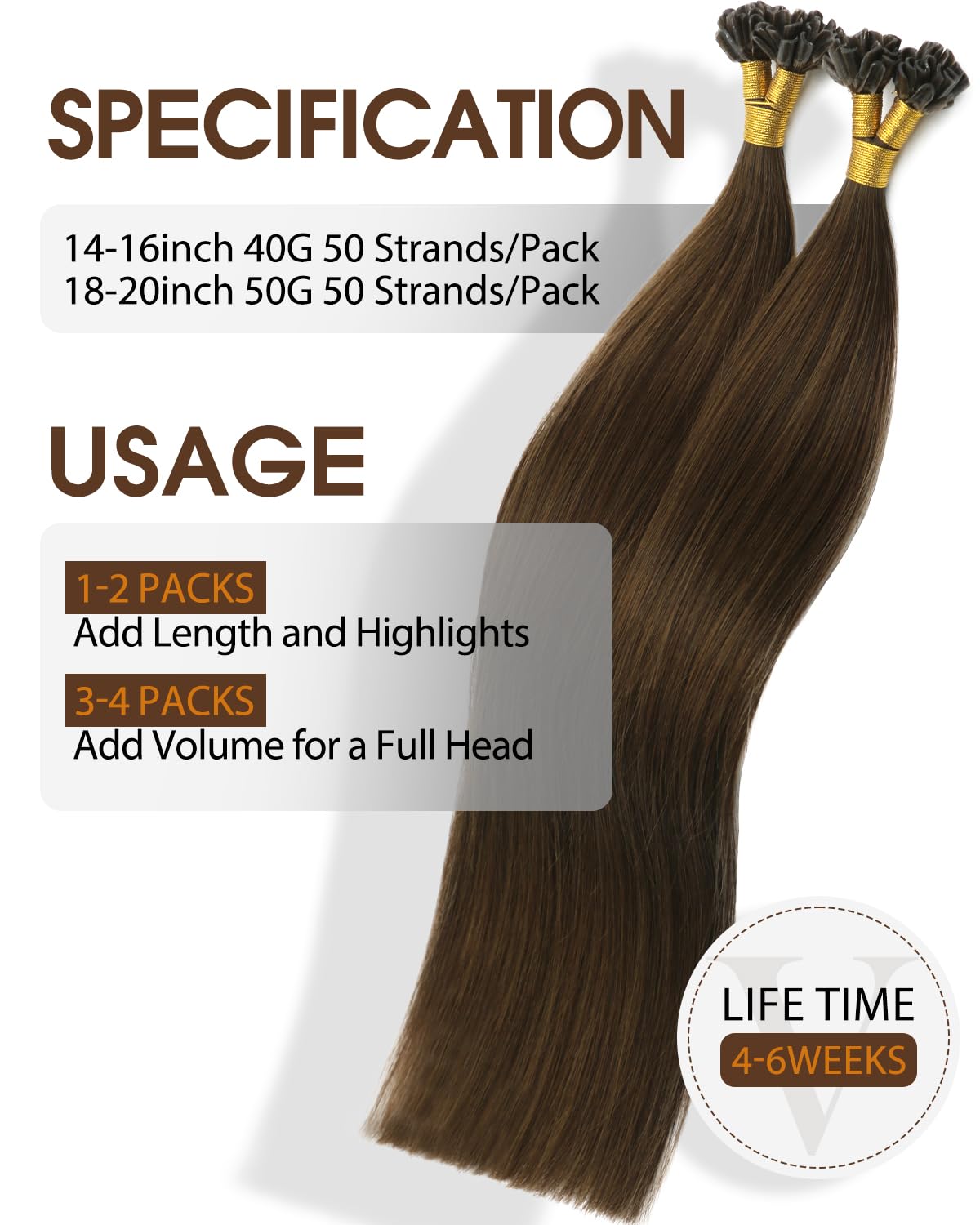 VINBAO Extension Capelli Cheratina 45cm 50Ciocche 50g U Tip Hair Extensions Castano Cioccolato Extension Capelli Veri Cheratina Remy Invisible Keratin Capelli Umani Lisci Estensionis (#UTip4, 18'')