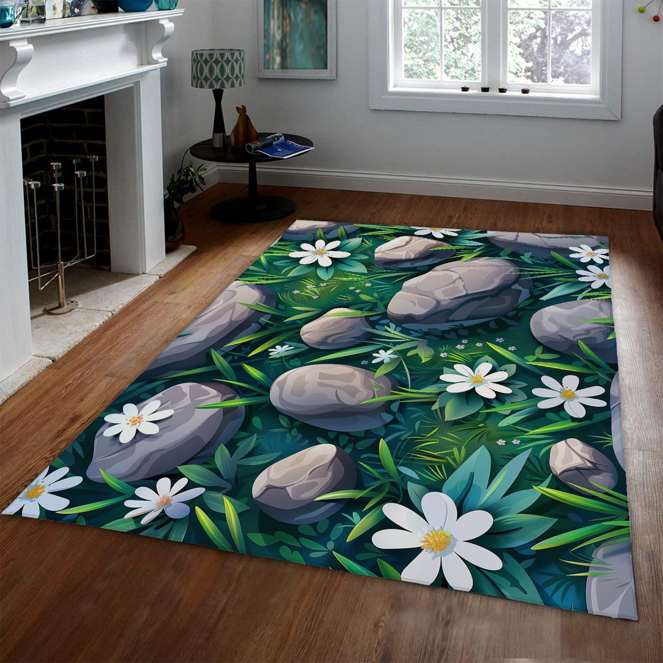 Tapis 90x150cm marguerite blanche lavable et antidérapant pour salon et chambre