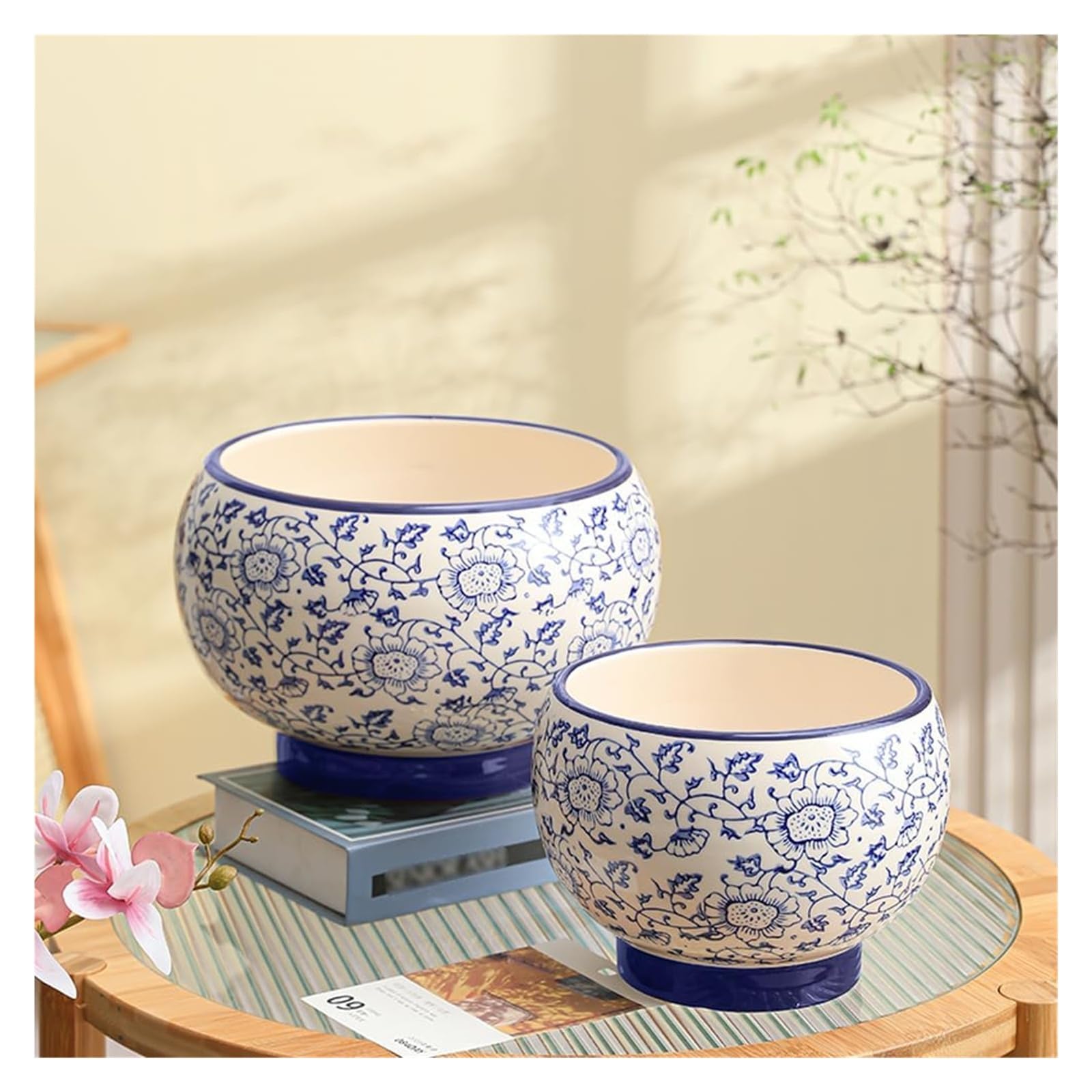 Doniczka gliniana do roślin chińska niebiesko-biała porcelanowa doniczka ceramiczna nowoczesna glazura sukulent z otworem drenażowym 20 cm okrągły kwiat do wewnątrz na zewnątrz zioła Sna (21 x