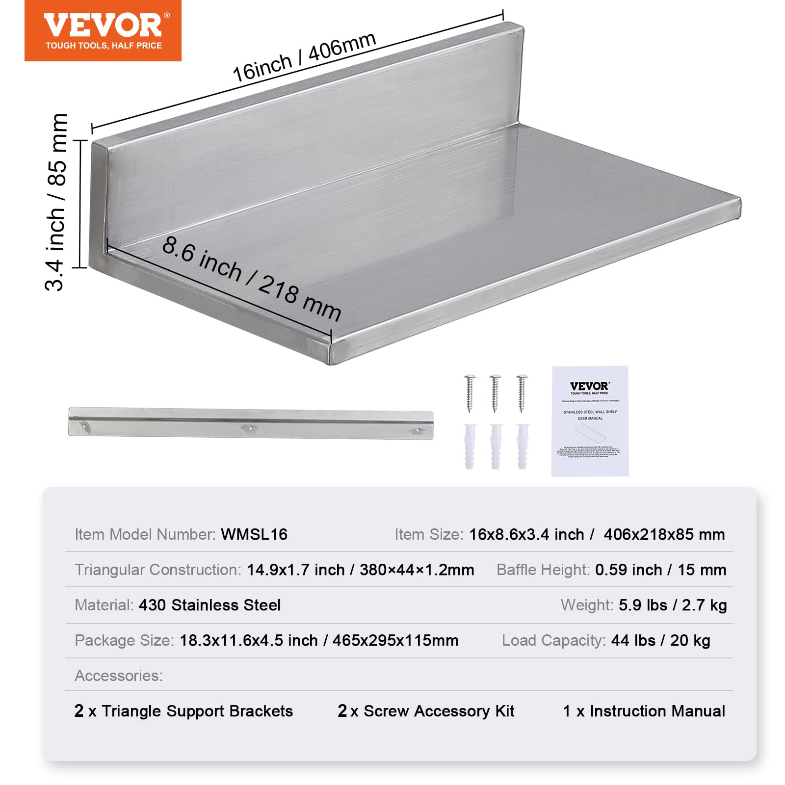 VEVOR Półka ze stali nierdzewnej 21,8 cm x 40 cm, montowana na ścianie półka pływająca z rozpryskiwaniem, nośność 20 kg, wytrzymały stojak do przechowywania do restauracji, kuchni, baru, domu i hotelu