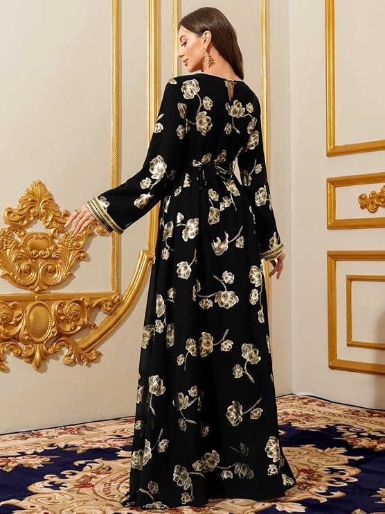 Abaya for Women Floral Embroidered Muslim Dress V-Neck Arabian Maxi Robe