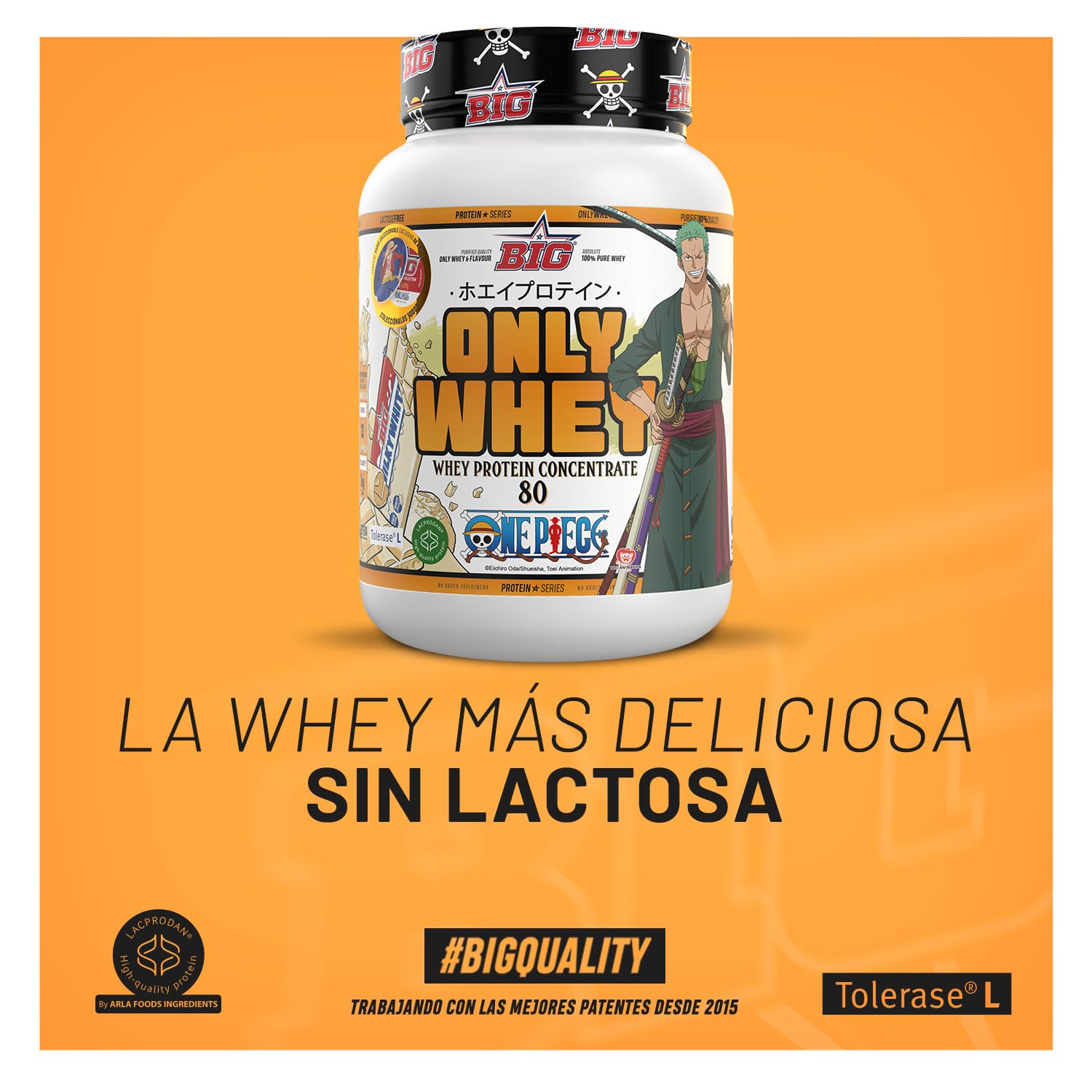 BIG - Proteinas Whey ONE PIECE - Edición Exclusiva con 12 Tazos Coleccionables. Materia Prima Premium. Whey Protein para Masa Muscular. Sin Lactosa (1Kg, White Choco & Topping White Choco – Zoro)