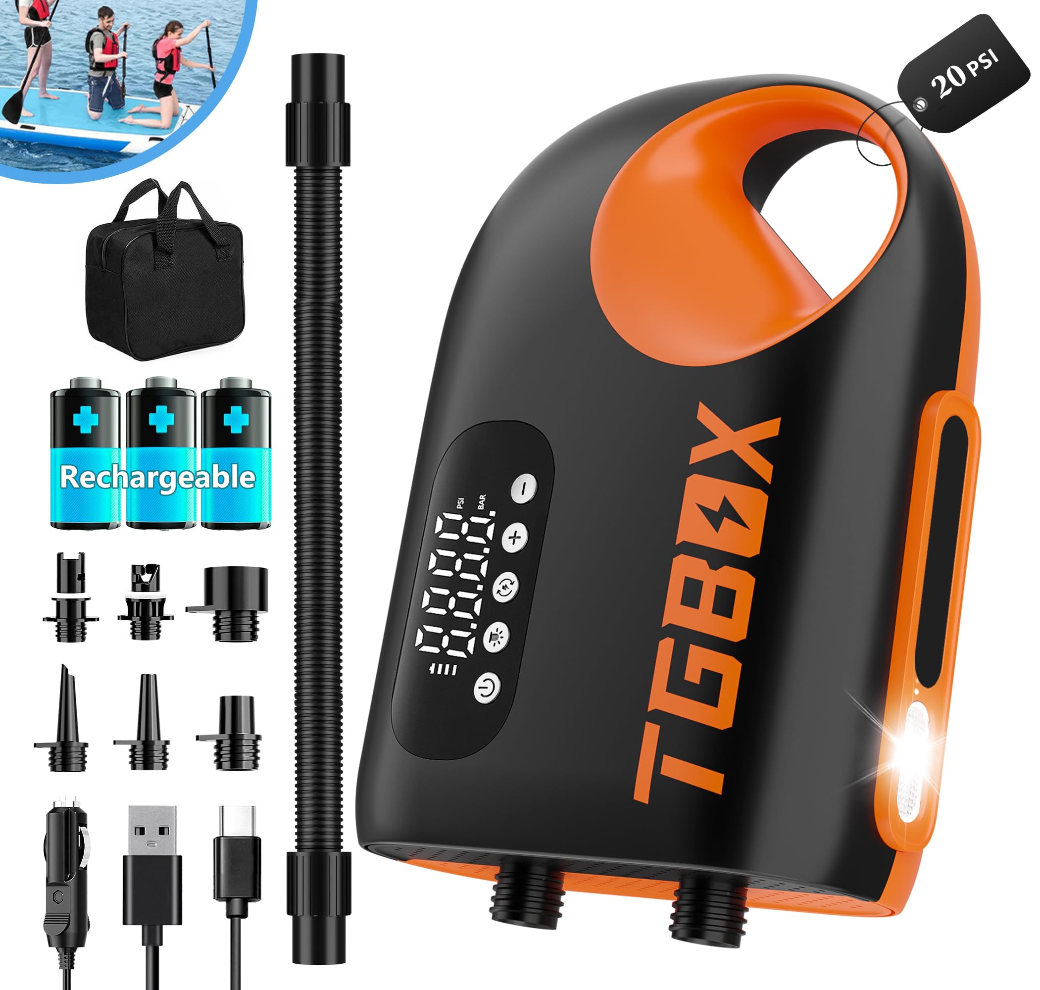 12000mAh & 12V DC Rechargeable Paddle Board Pump, 20PSI SUP Pump Electric with Dual Stage Inflation & Deflation, Electric Pump for Paddle Board, Kayaks and Inflatable Boats, Tent, Mattress