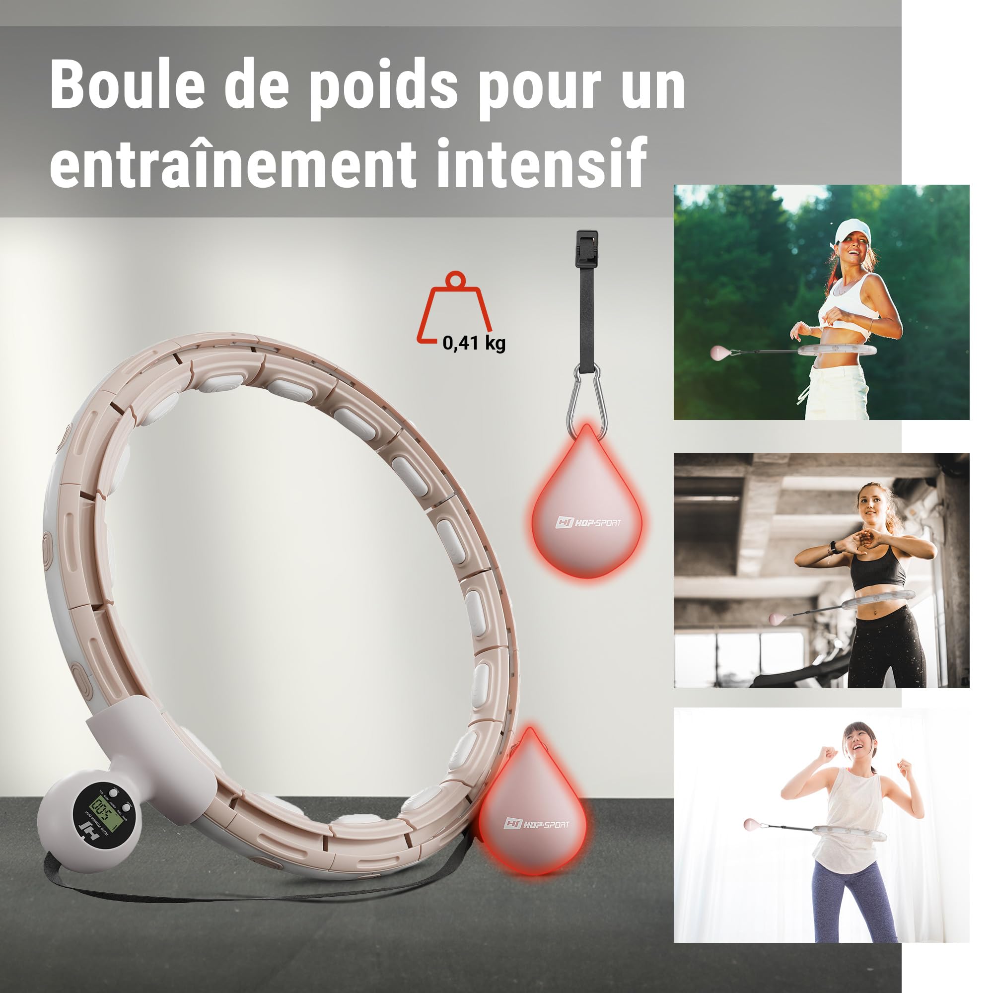 HOP-SPORT® Hula Hoop Réglable avec Poids Boule et Compteur HS-C113HH, Ajustable 69-110 cm, Cerceau Fitness avec Picots de Massage pour Perdre du Poids, Entraînement Cardio