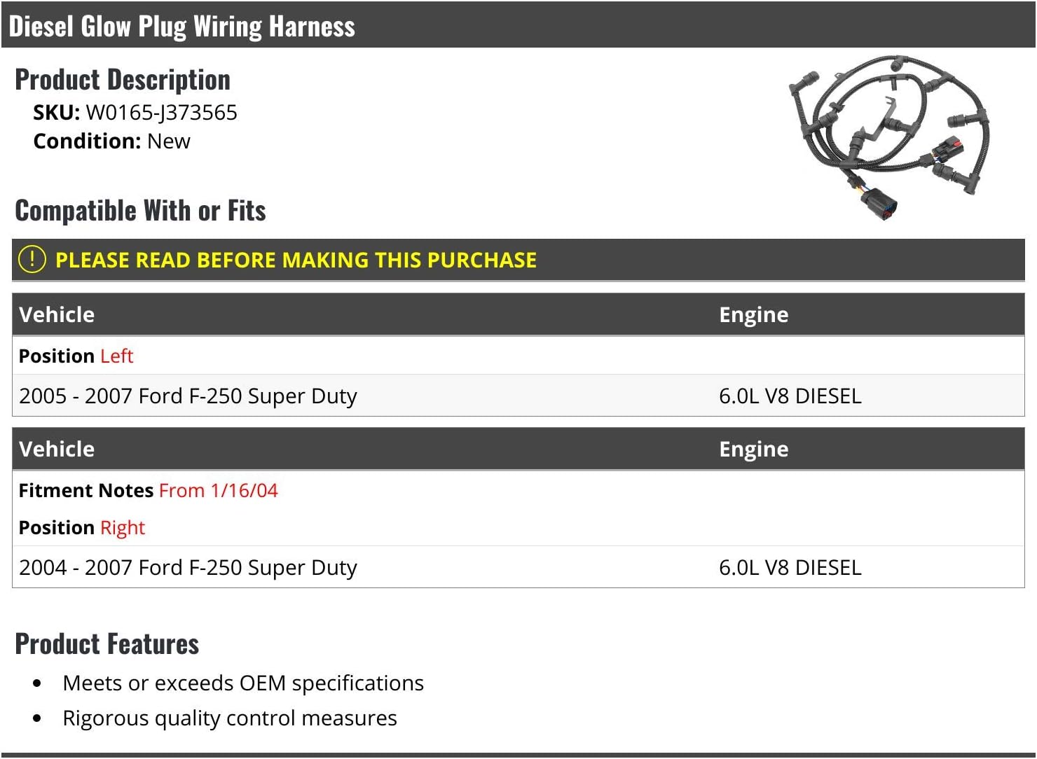 Marketplace Auto Parts Diesel Glow Plug Wiring Harness - Compatible with 2004-2007 Ford F-250 Super Duty 6.0L V8 Diesel (from 1/16/2004)