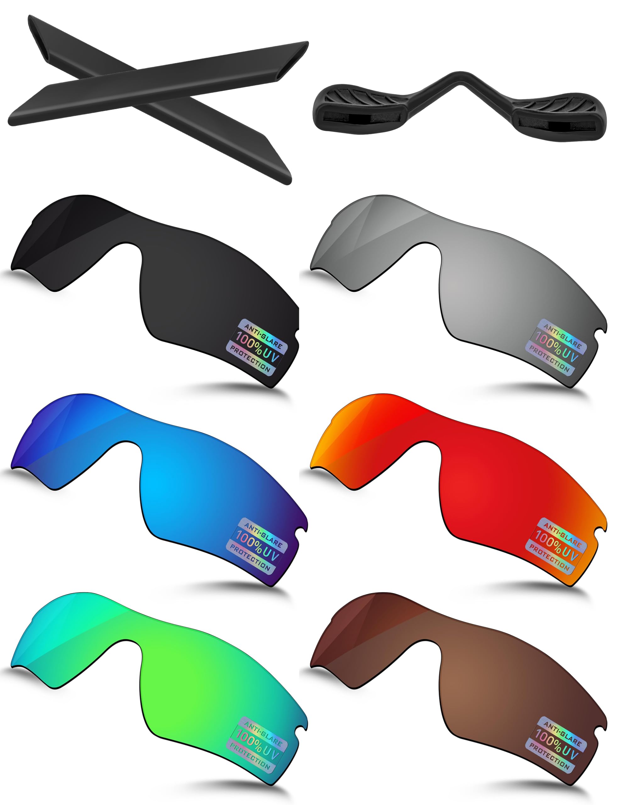 Bowyer Set di 6 lenti polarizzate di ricambio e kit in gomma per occhiali da sole Oakley RadarLock Path OO9181, nero + specchio in titanio + specchio blu surf + specchio rosso fuoco + specchio verde