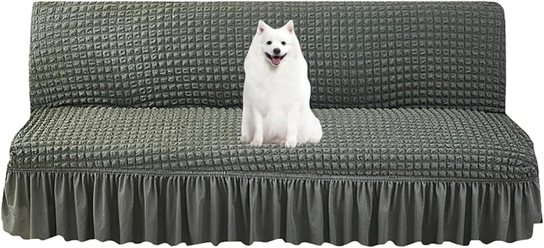 Armless Futon Cover with Skirt, Futon Slipcover No Arms, Folding Sofa Bed Queen Cover, Seersucker Couch Cover, for Living Room, Bedroom Green,Medium