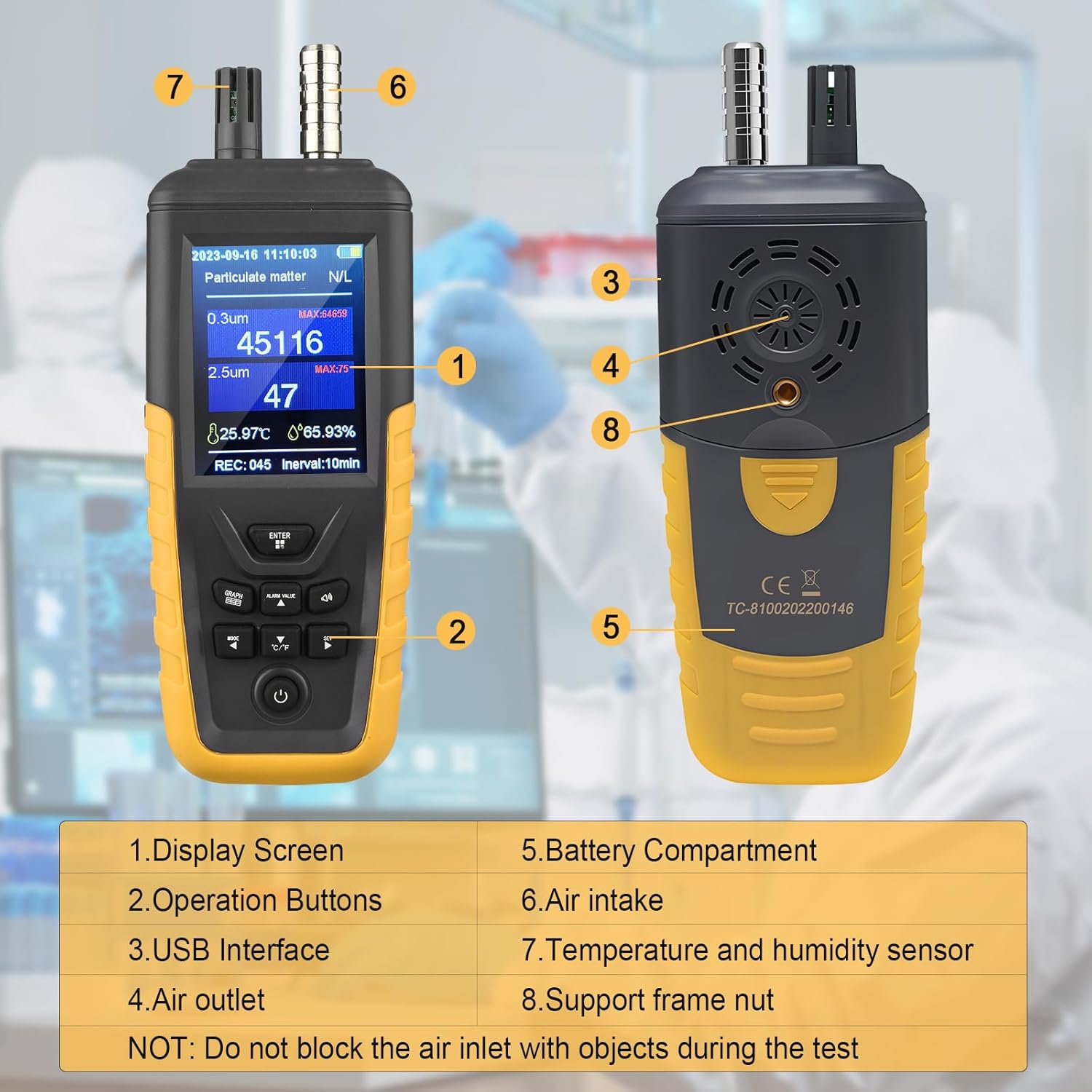 Dust Particle Counter High Sensitivity 3-Channel PM0.3/2.5/10 um Air Quality Monitor 0~1000μg/m³ USB Rechargeable Data Transfer/Temperature and Humidity Monitor