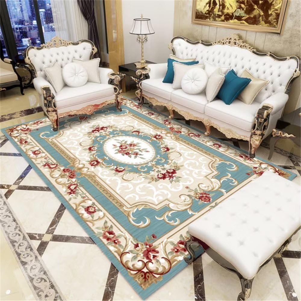 Tapis enfant bleu et géométrique pour créer un coin jeu doux au salon