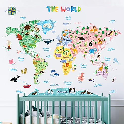 Vista 3 de DECOWALL SG2-1615S - Calcomanías de pared para niños, diseño de mapa del mundo animal, calcomanías de pared extraíbles para niños, guardería