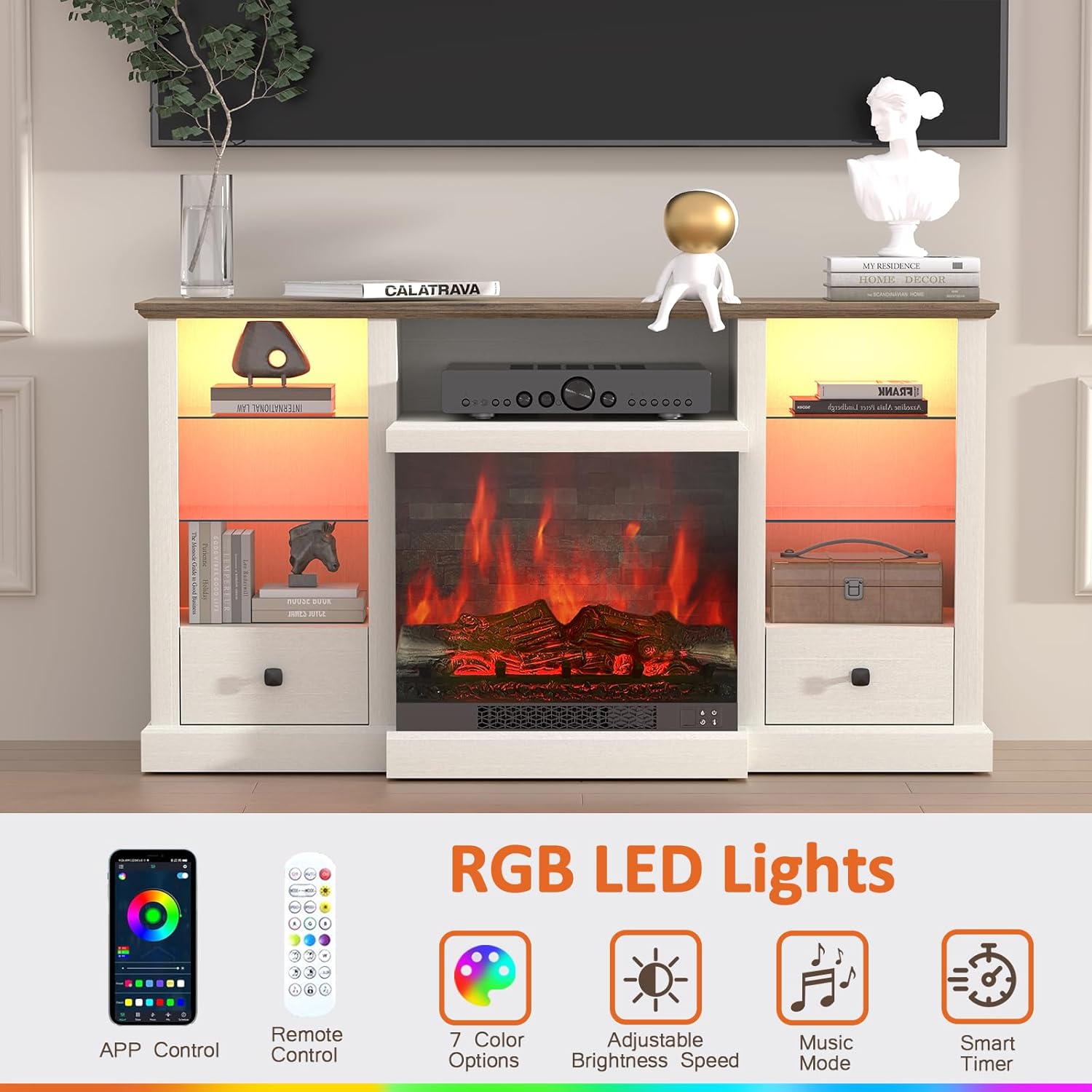 Rresyet Fireplace TV Stand for 65 inch TV with LED Lights, tv Stand with 23'' 3-Sided Farmhouse Electric Fireplace & Remote, Power Outlets & Adjustable Shelves, Media Console with Storage