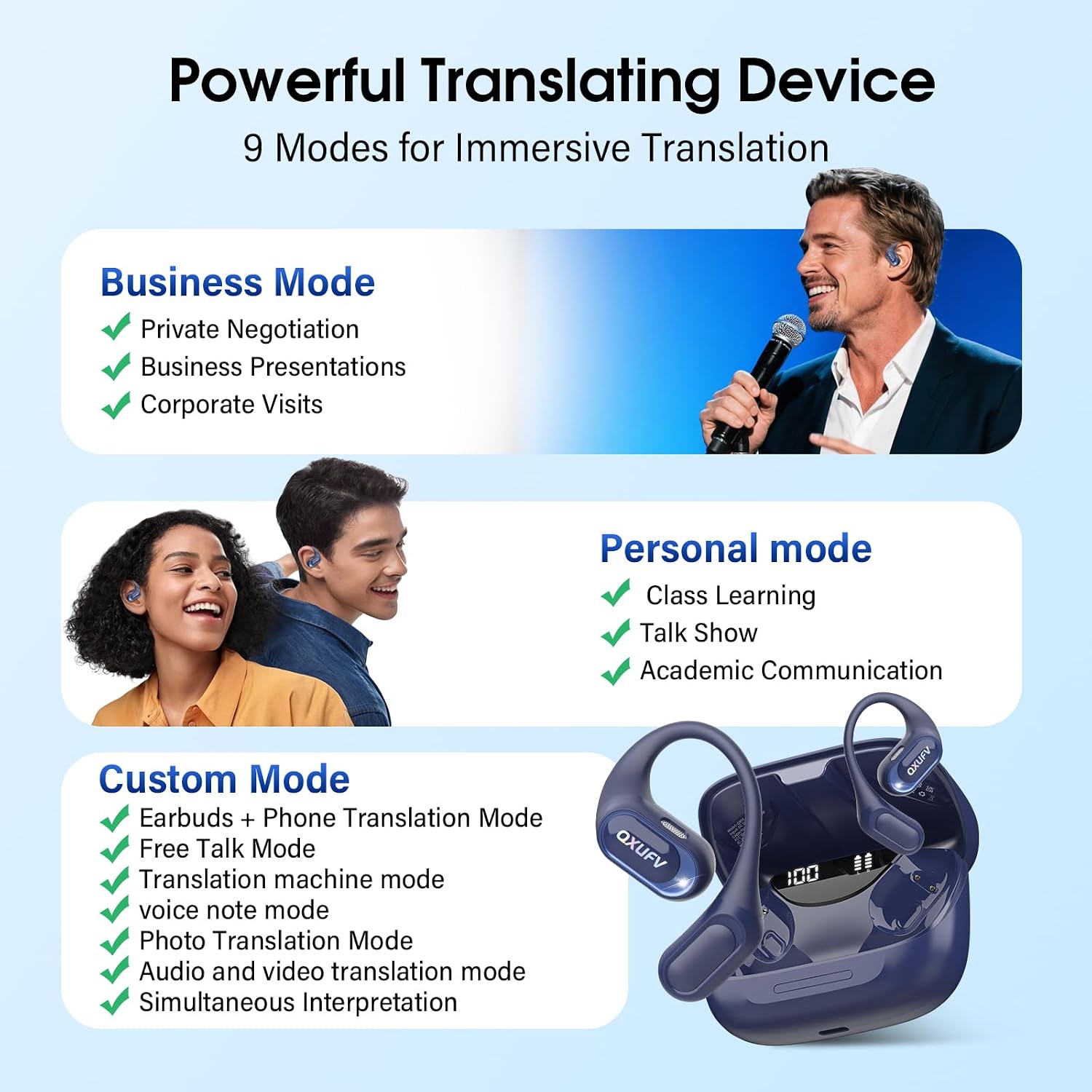 AI Translation Earbuds Real Time with Audio and Video Calls, 164 Language/7 Translation Modes Translator Earbuds Bluetooth 5.4 with APP, 50H Translate Ear Buds Device for Business/Learning, Blue