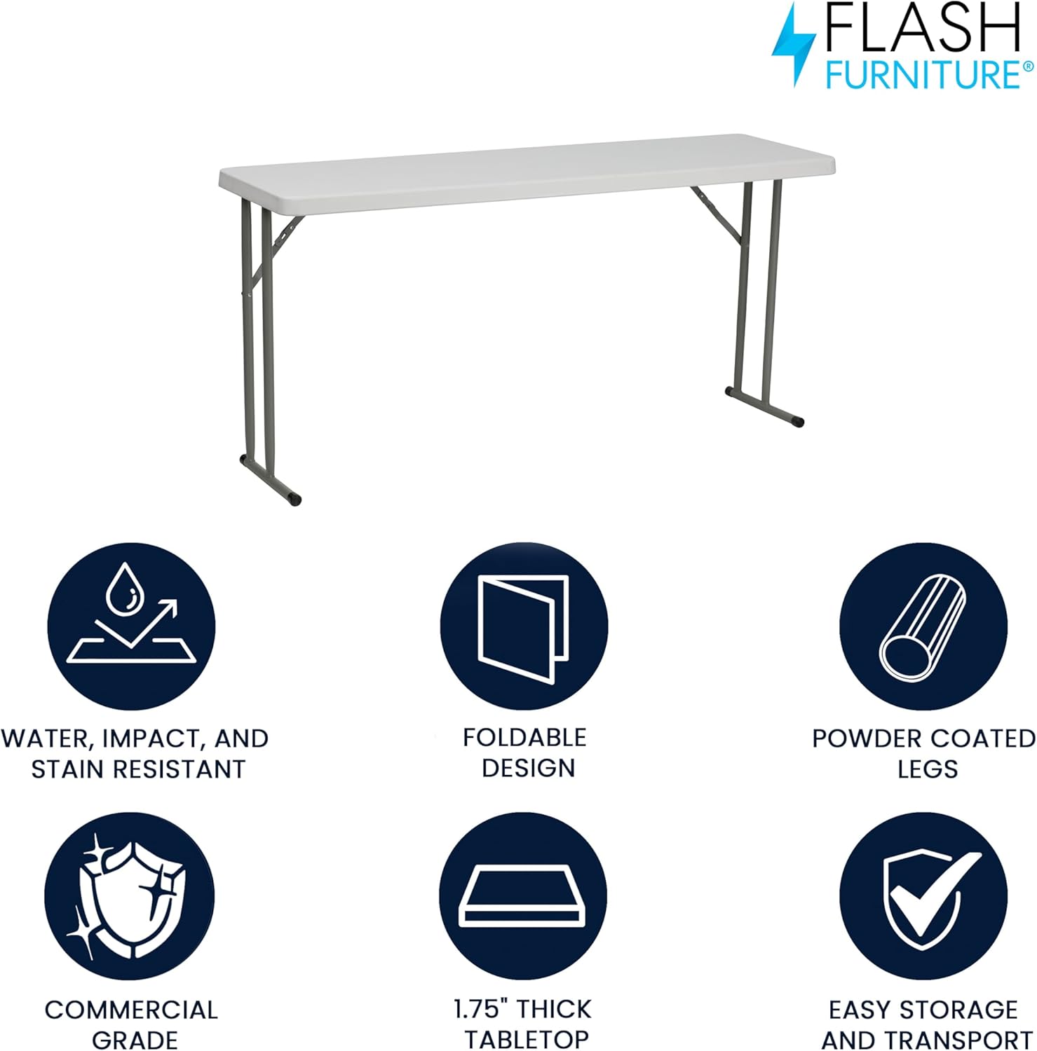Flash Furniture Kathryn 5' Rectangular Plastic Folding Table, Long Plastic Foldable Table for Indoor/Outdoor Events, White
