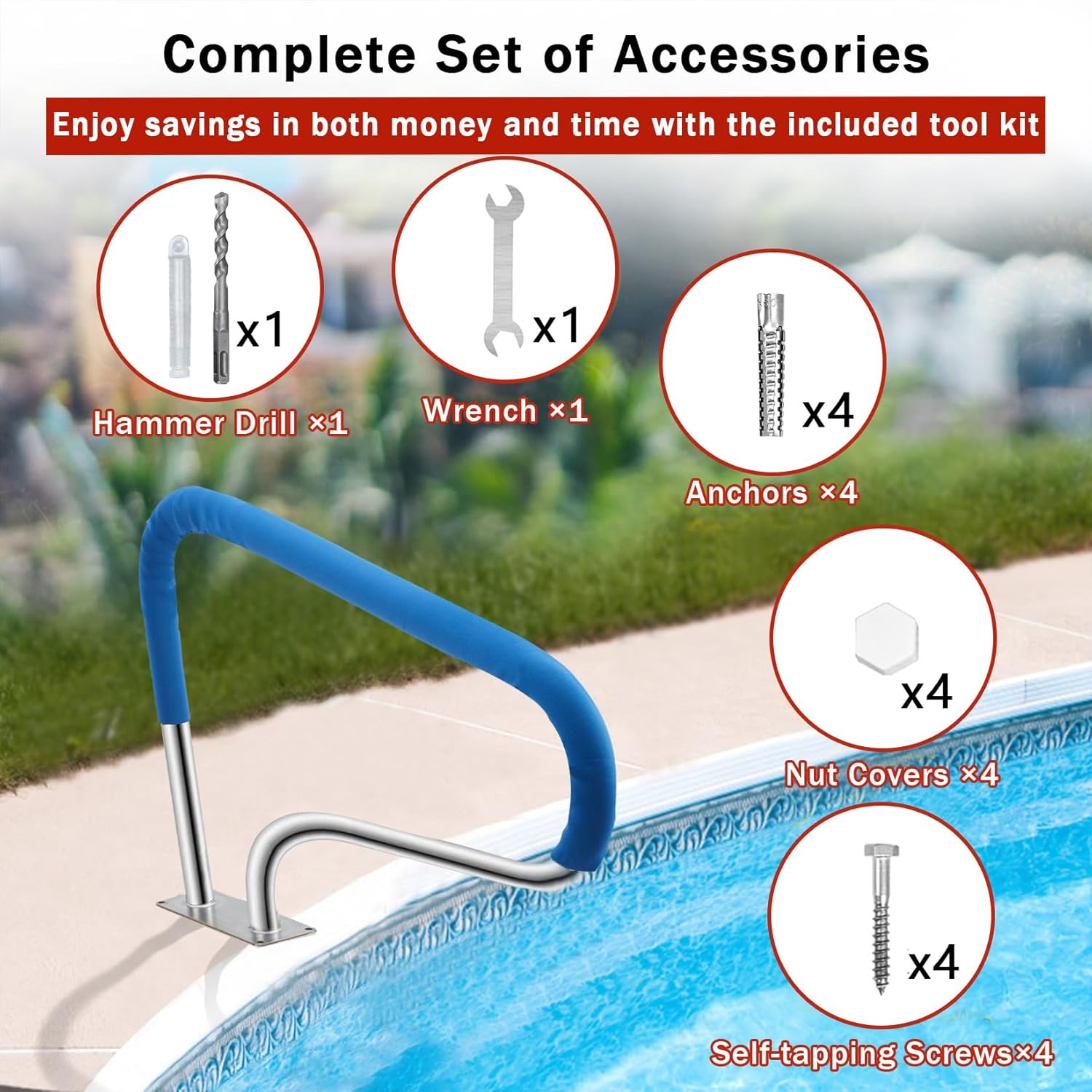 32" x 22.5" Pool Handrail – 304 Stainless Steel, 375 Lbs Load Capacity, Quick Mount, Non-Slip Blue Nylon Grip – Durable Pool Railings for Swimming Pools & Water Parks