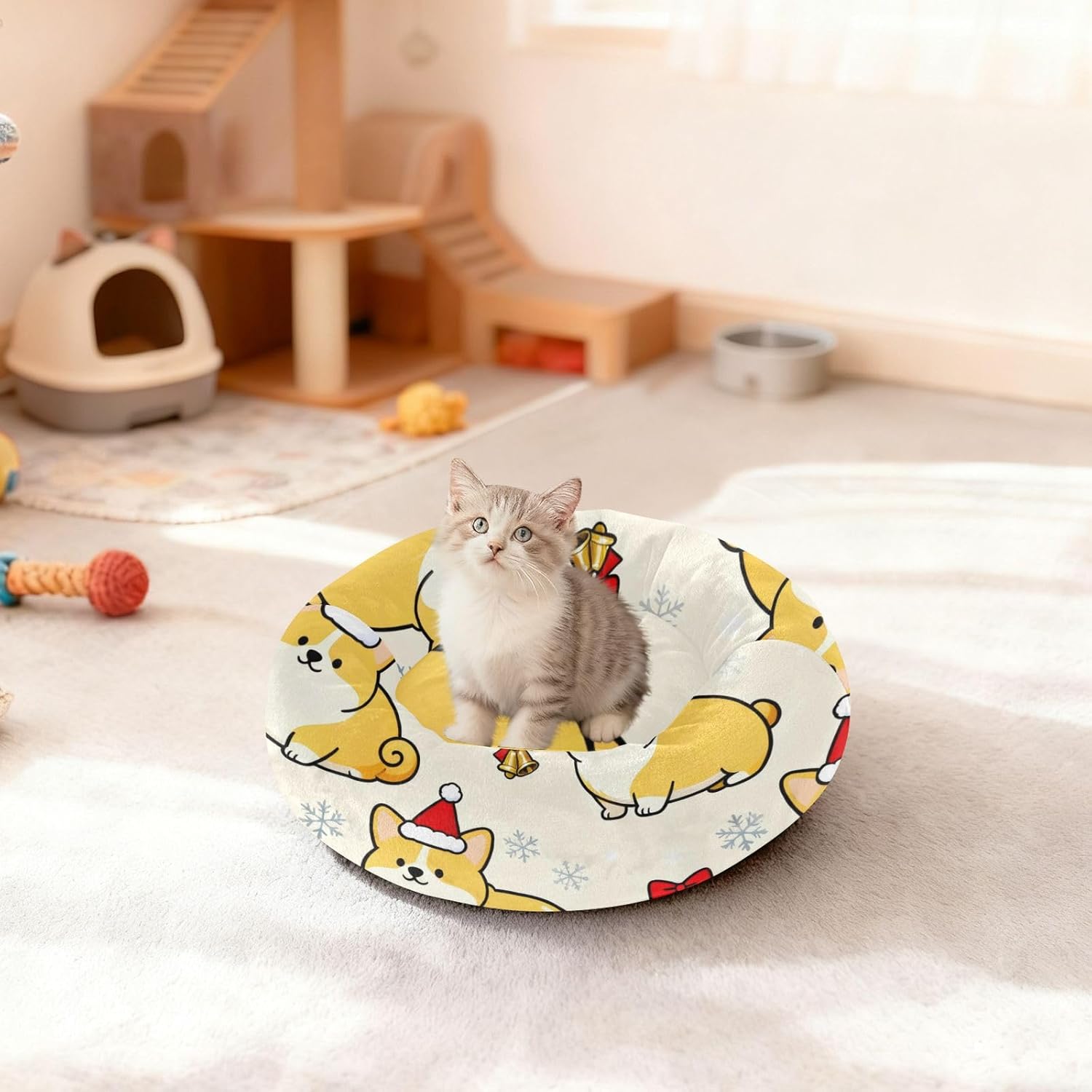 Merry Christmas dog beige warm soft bed pillow for fluffy cats small pet bed for sleeping for small dogs