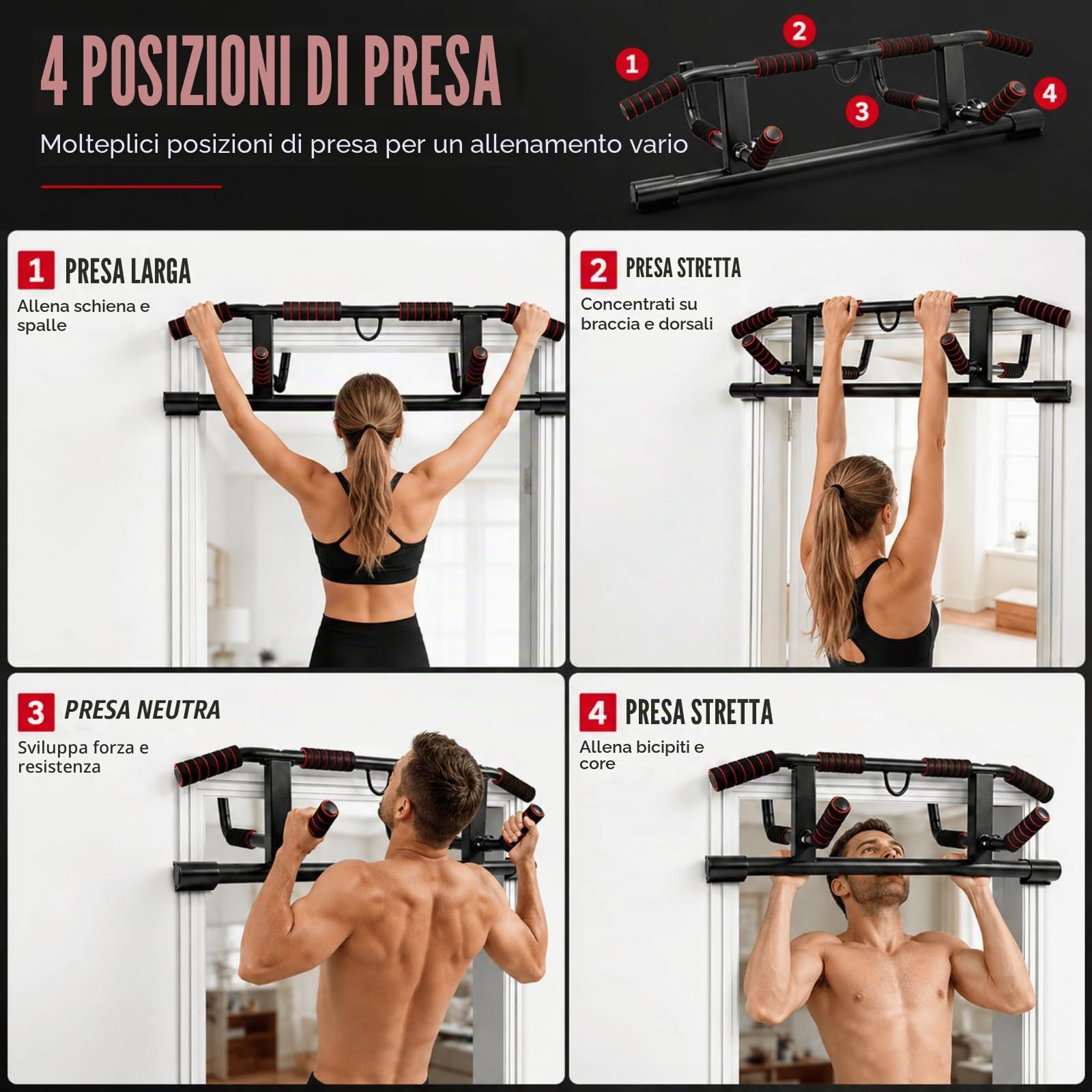 Barra per Trazioni da Porta Senza Installazione, Pull Up Bar | 8 Impugnature Regolabile, Sbarra Trazioni Palestra in Casa (59-92cm)