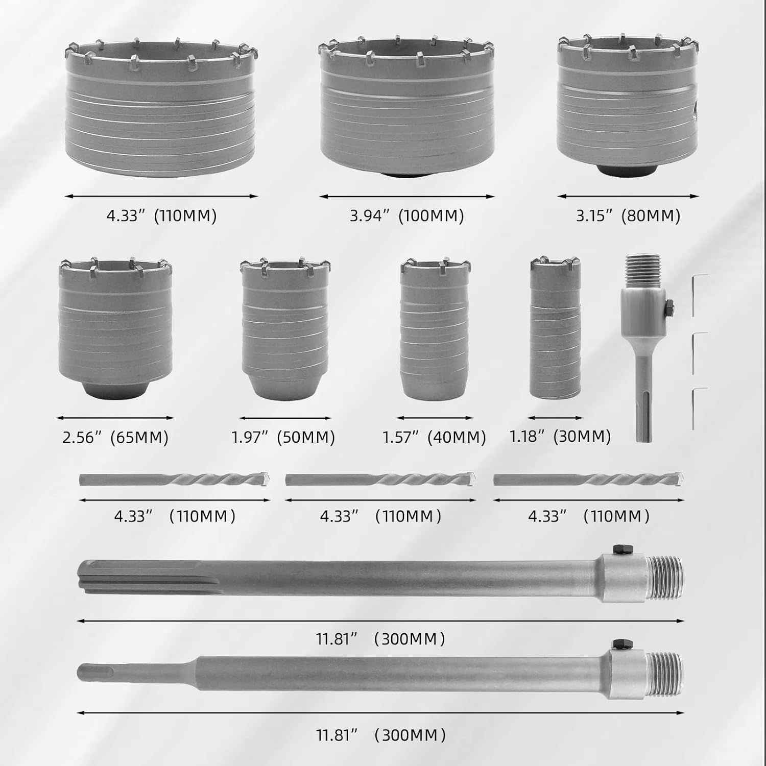 RENYU 17 PCS Concrete Hole Saw Kit with SDS Plus & Max Shanks, Tungsten Carbide Hole Saw Tool Set for Concrete, Cement, Bricks, Stone Walls, Drilling Set Size 30 40 50 65 80 100 110 mm