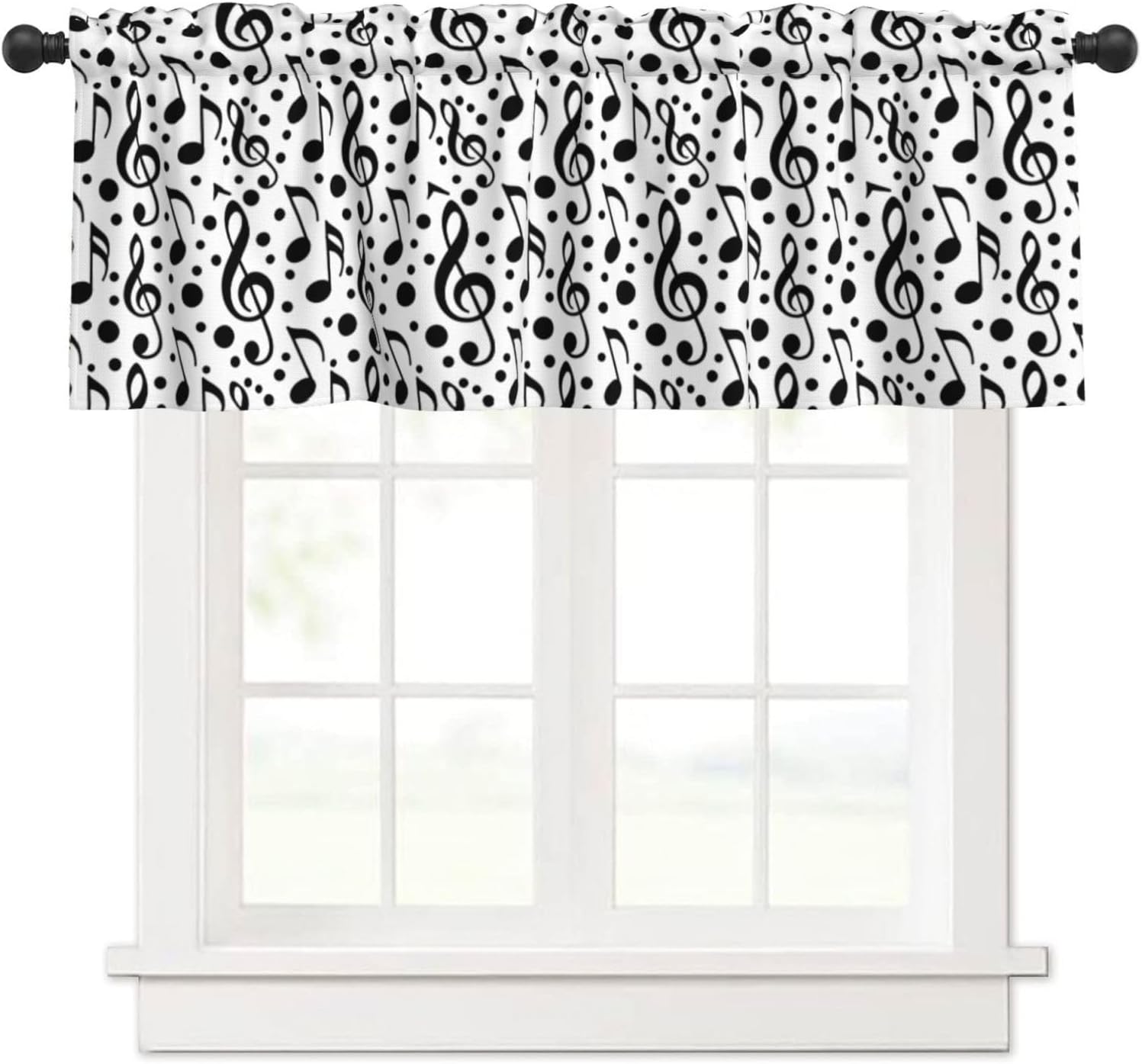 Valance for Windows Black Treble Clefs Dots Decorative Rod Pocket Kitchen Curtain Valances Short Window Valance Curtains for Living Room Bedroom Bathroom 1 Panel 54x18Inch