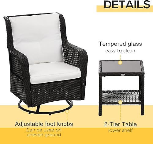 Miniatura 6 de Outsunny Juego de muebles de mimbre para exteriores de 3 piezas, juego de muebles de ratán con mesa de centro de cristal y sillas de porche