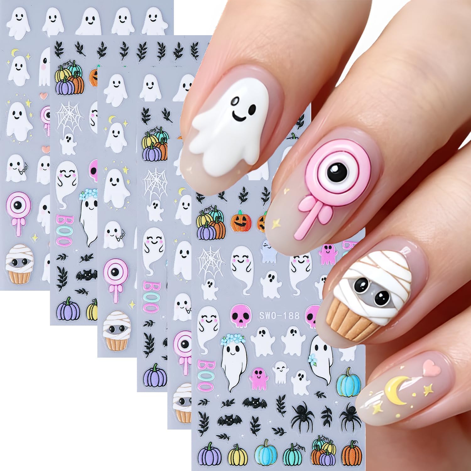 6 Sheet Halloween Nail Stickers 5D Embossed with Ghost Design Nail Decals