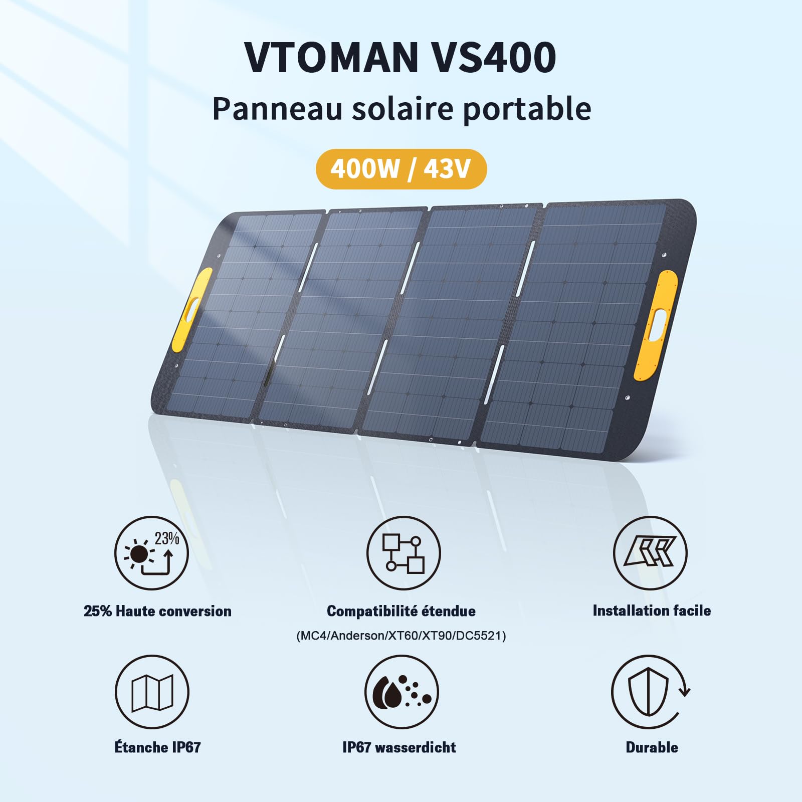 VTOMAN VS400 Panneau Solaire Portable 400W 43V, Efficacité 25% | Pliable & IP67 Étanche, Adaptateurs Anderson XT60 XT90 DC5521, Pieds Réglables, pour station électrique portable