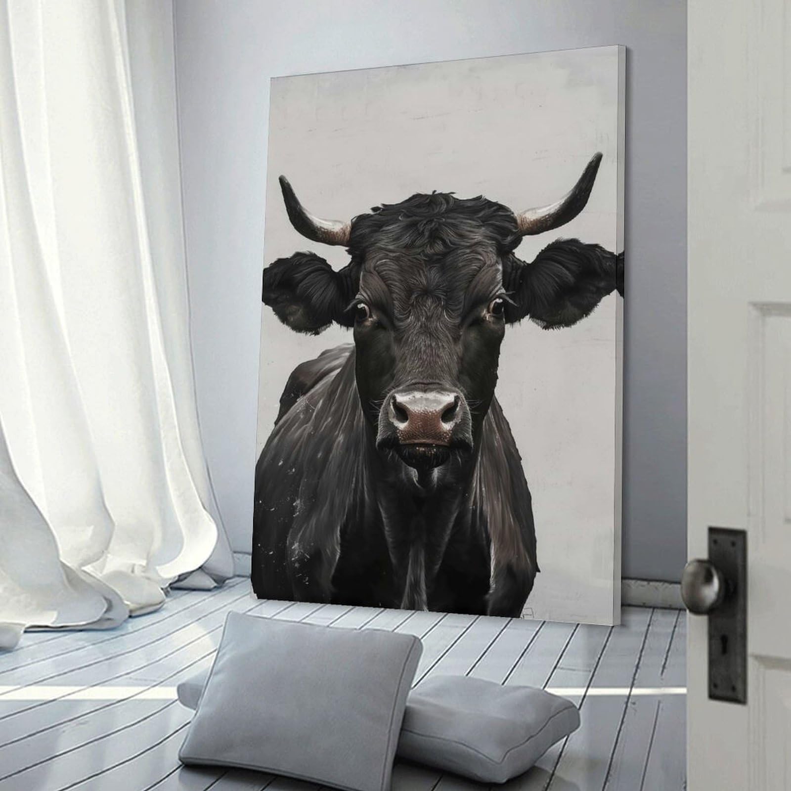 Junmoney Frame-Style-3 Canvas Art Print Portrait Of A Black Bull, 08X12inch(20X30cm), For Office, Study Or Home Workspace, Wall Art That Adds Style To Work Areas