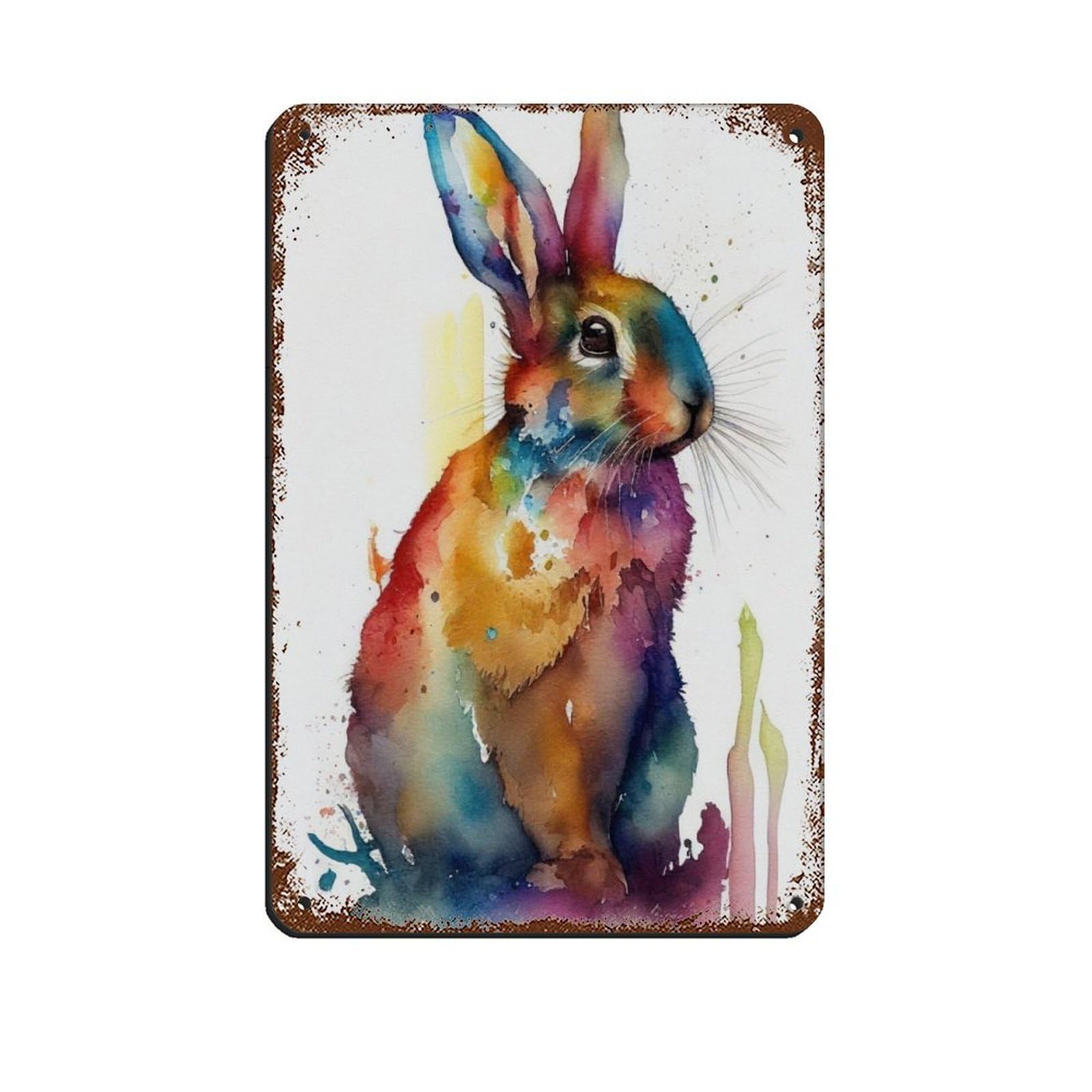 Watercolour Rabbit Portrait Poster Tin Sign Vintage Metal Pub Club Cafe Bar Home Wall Art Decoration Poster Retro 8x12inch(20x30cm)