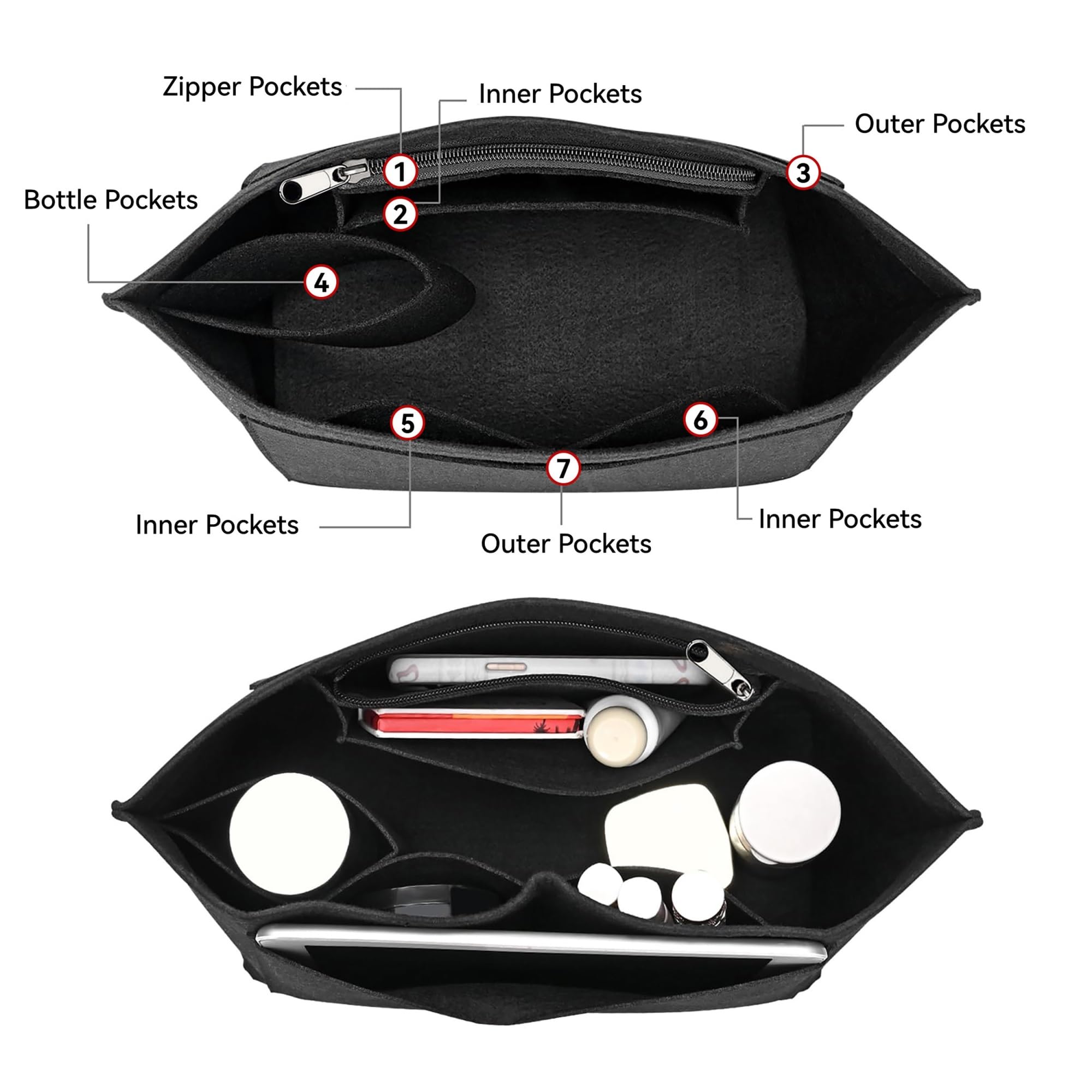 Organizador de bolso de fieltro Inserto organizador de bolso mano fieltro con cremallera, moldeador múltiples bolsillos for maquillaje grande(Coffee,L)