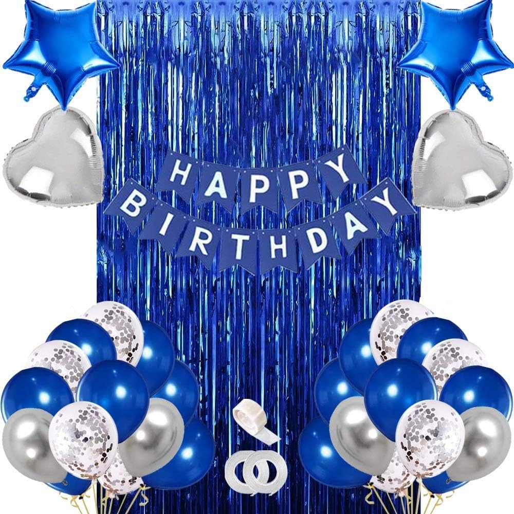 Theme My Party Birthday Decorations, Blue Birthday Party Decoration for Women Girls Boys Kids Men, Blue Birthday Decor Set for Him Her, Happy Birthday Banner, Confetti Balloons, Foil Balloons,